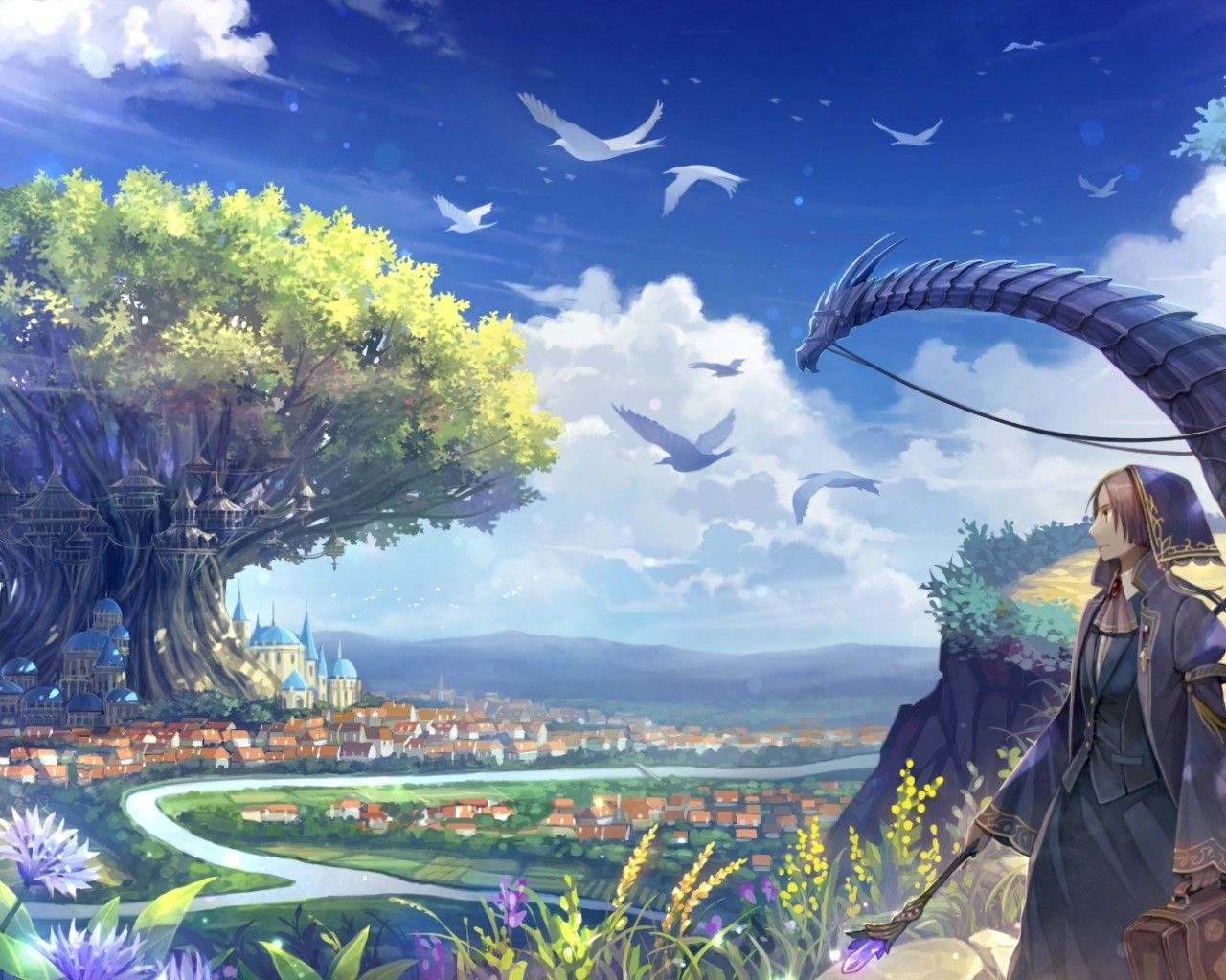 Download 1280x1024 Anime Fantasy World, Giant Tree, Birds, Clouds, Cityscape, Staff, Creature Wallpaper