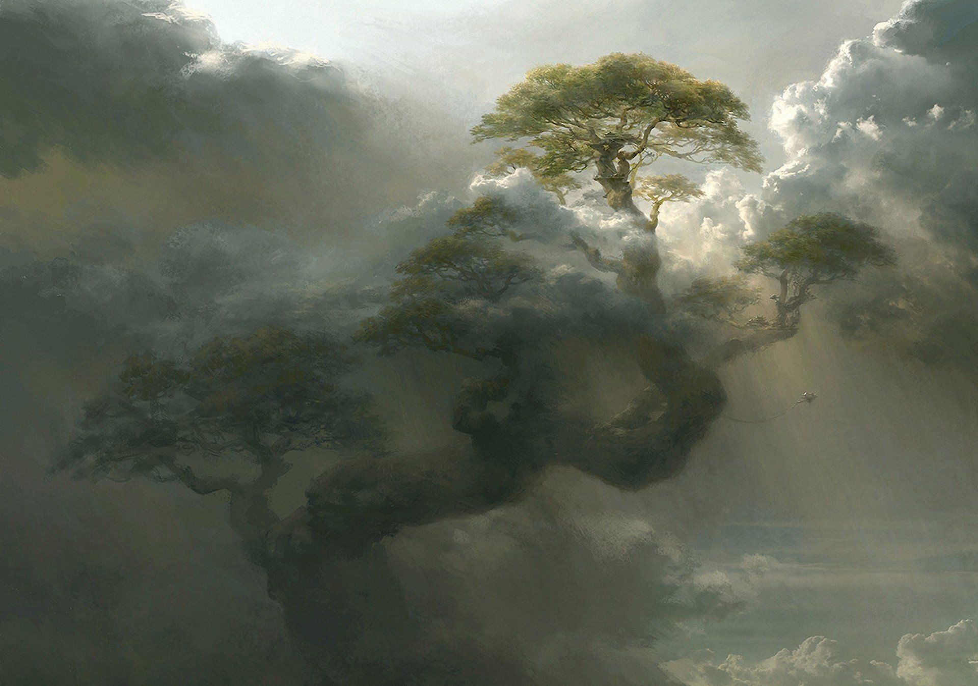 Giant tree mountain art cloud artwork fantasy clouds xky wallpaperx1347