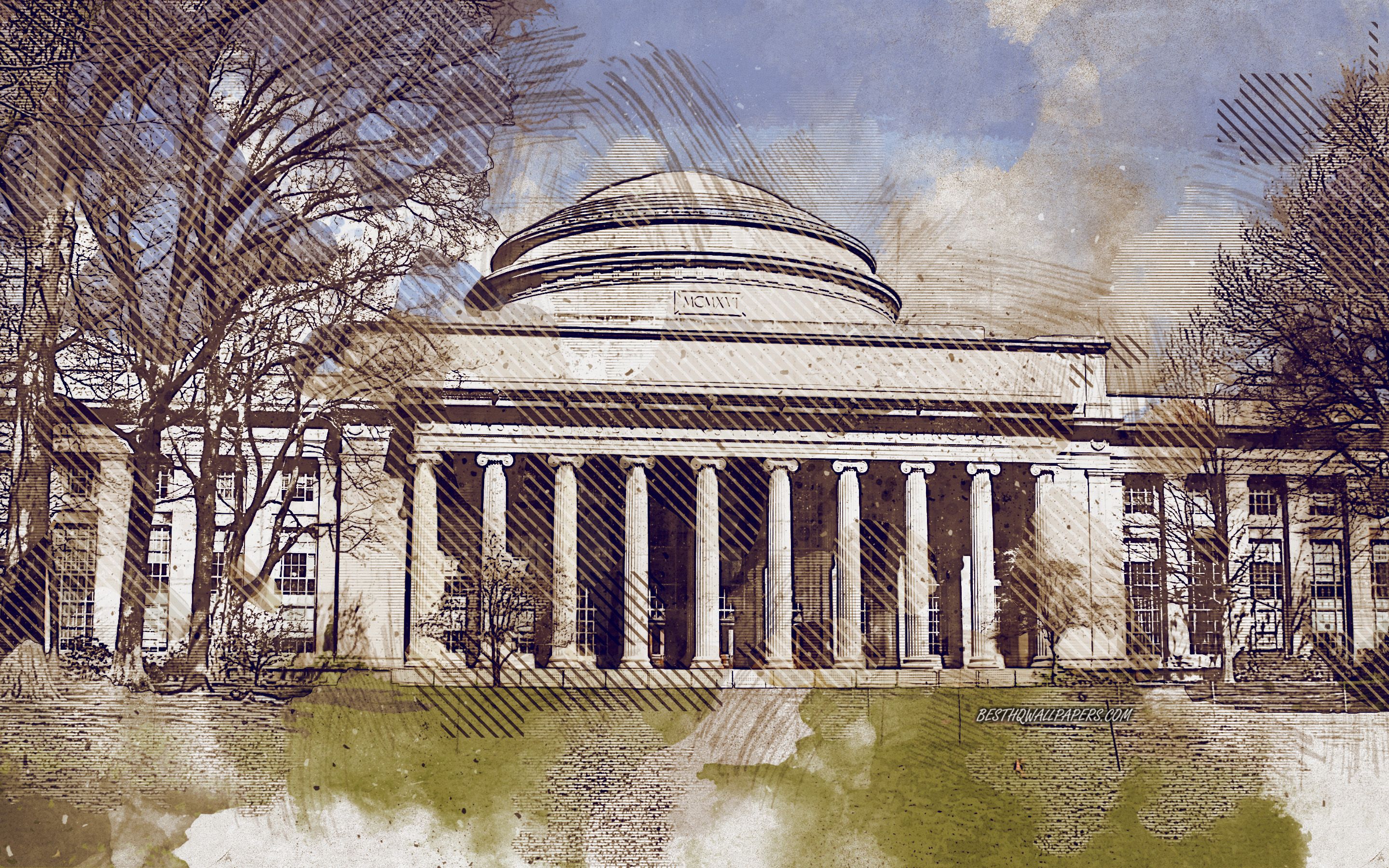 Download wallpaper Massachusetts Institute of Technology, Cambridge, Massachusetts, USA, grunge art, creative art, painted Massachusetts Institute of Technology, drawing, digital art for desktop with resolution 2880x1800. High Quality HD picture