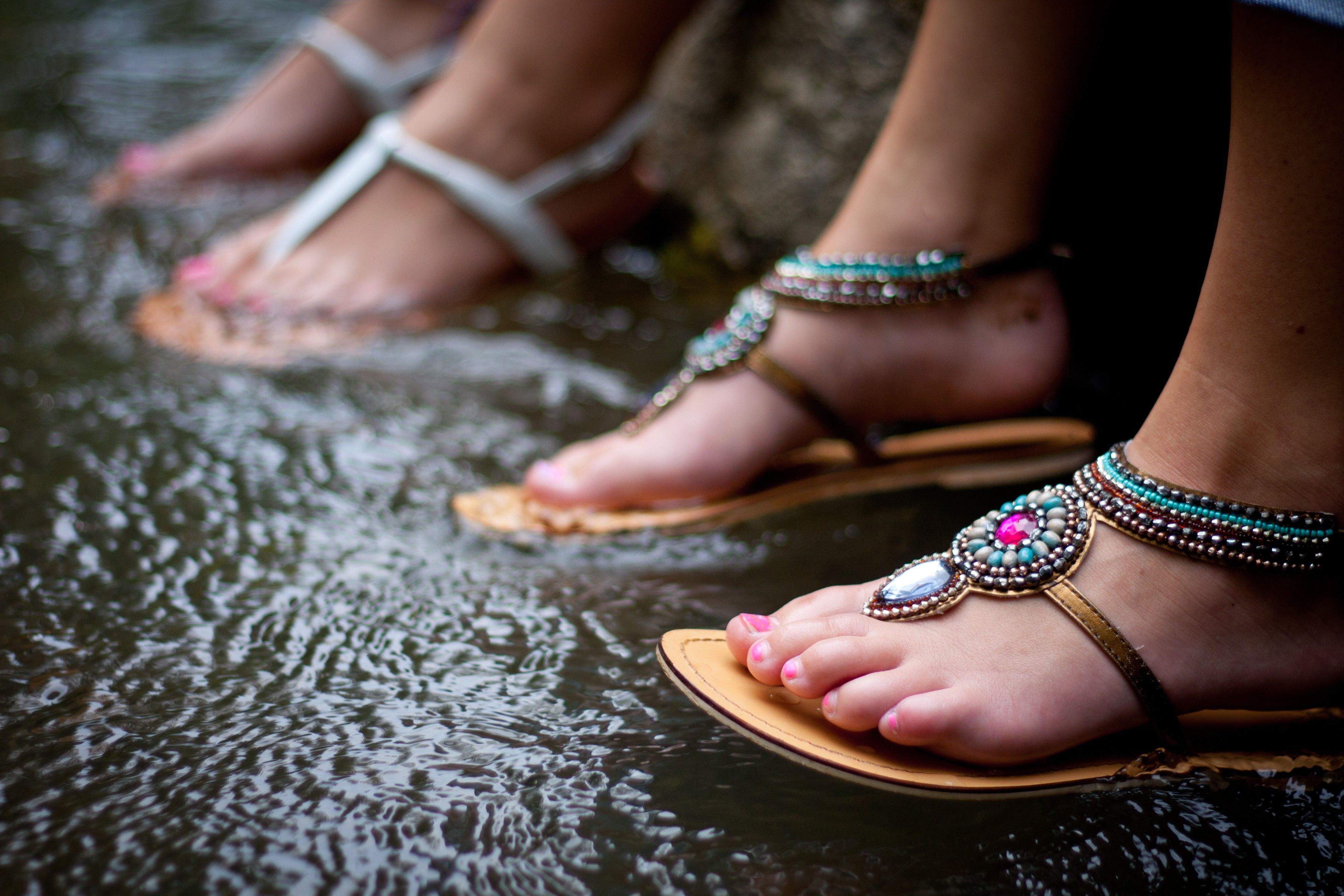 women, water, rain, feet, sandals, creek wallpaper