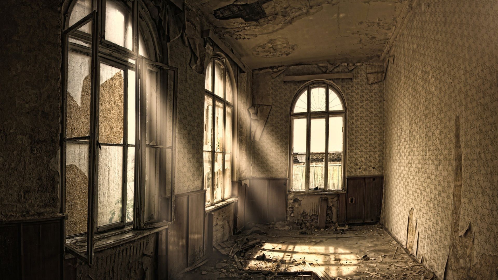 Download Wallpaper 1920x1080 building, old, room, ruin, windows Full HD 1080p HD Background. Abandoned room, Home wallpaper, Wallpaper