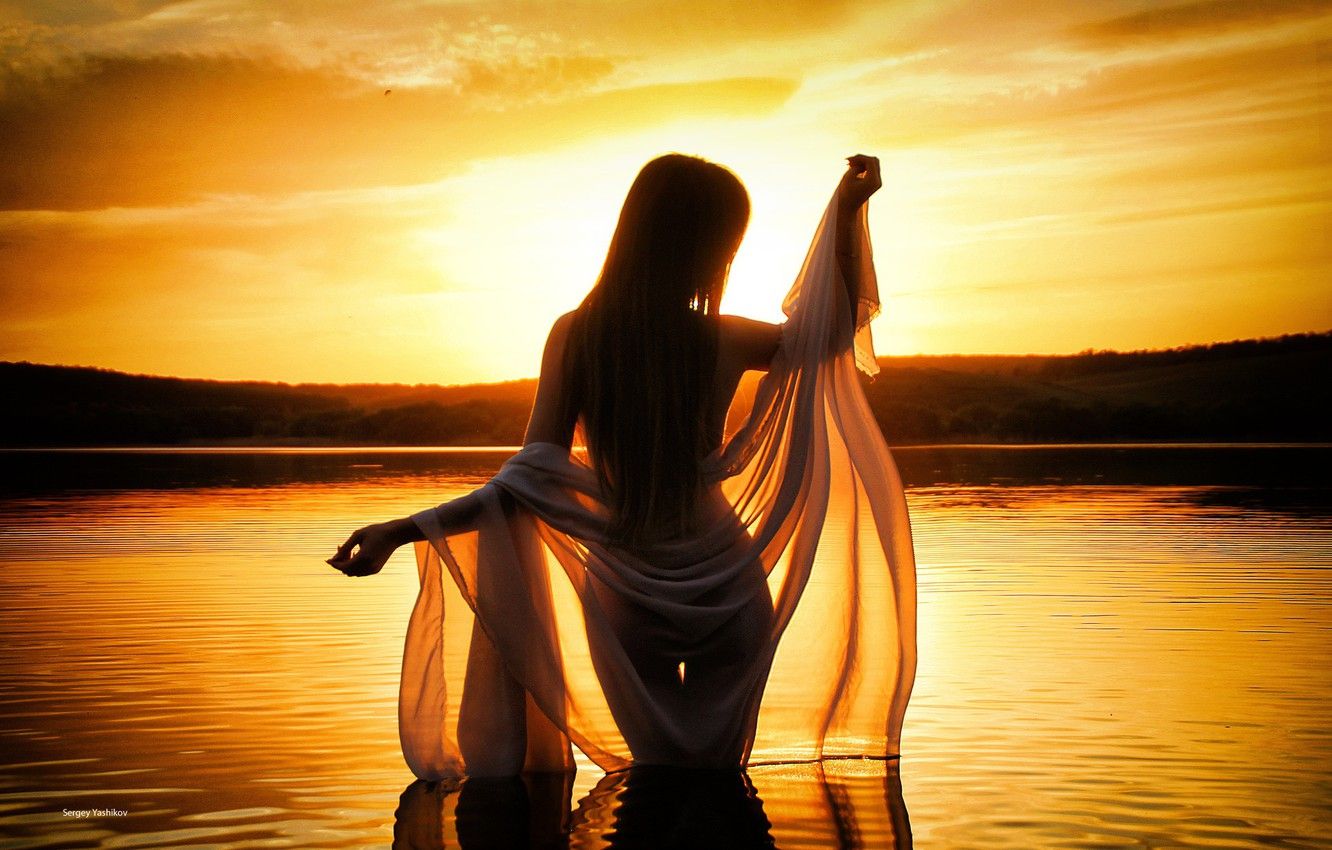 Wallpaper girl, sunset, pose, lake, mood, figure, silhouette, shawl, Sergey Boxes image for desktop, section настроения