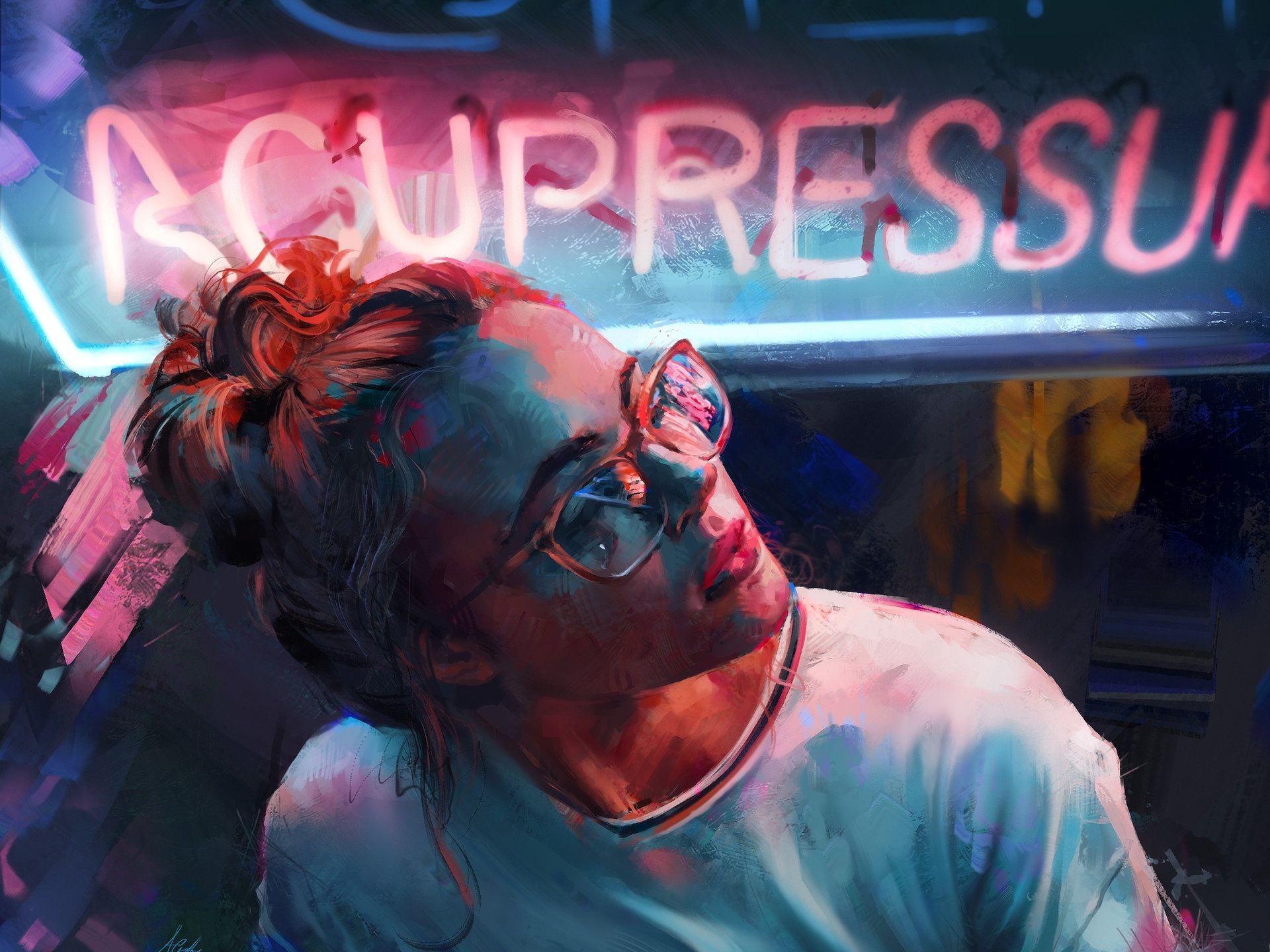Wallpaper Art drawing, girl, glasses, neon 1920x1440 HD Picture, Image