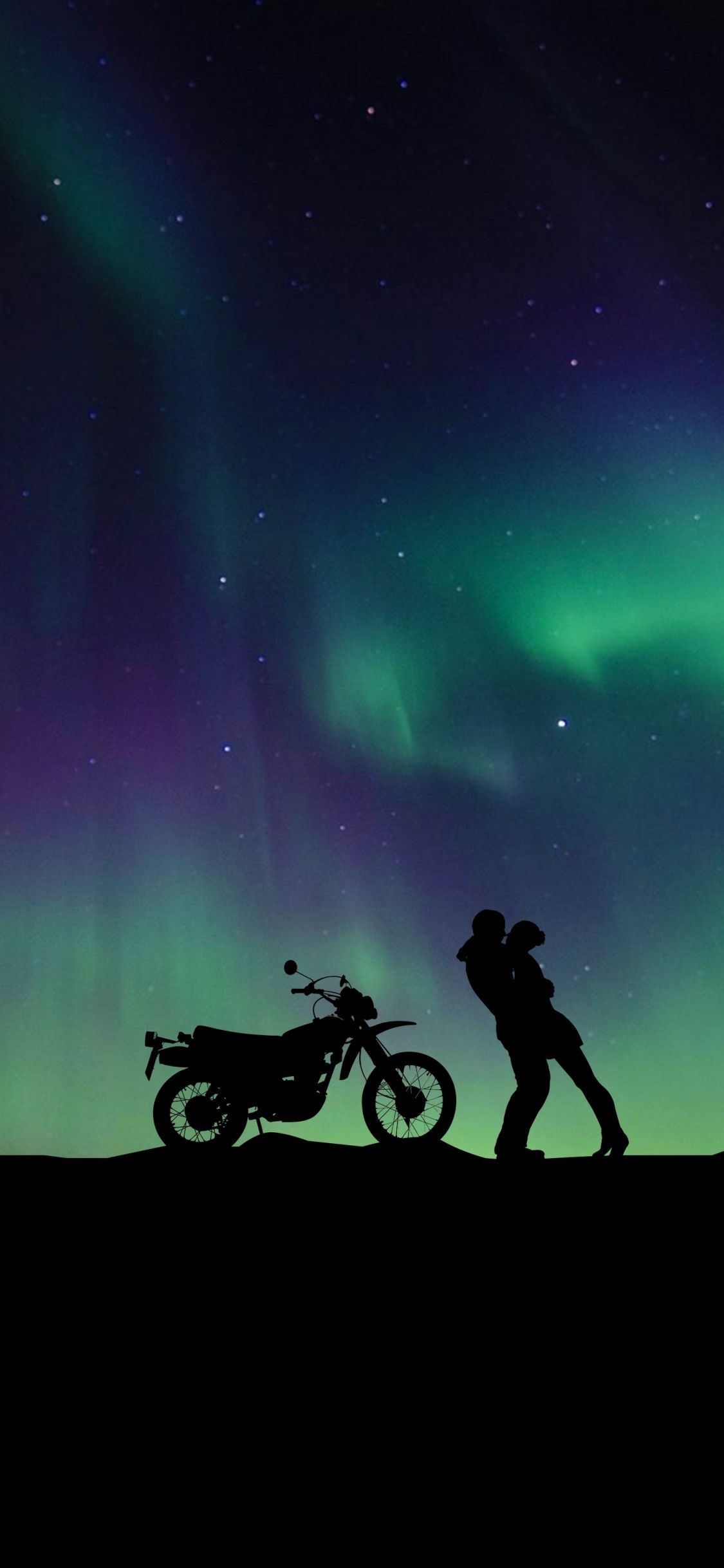 Download 1125x2436 wallpaper couple, aurora borealis, motorcycle, hug, iphone x 1125x2436 HD image, background, 8075