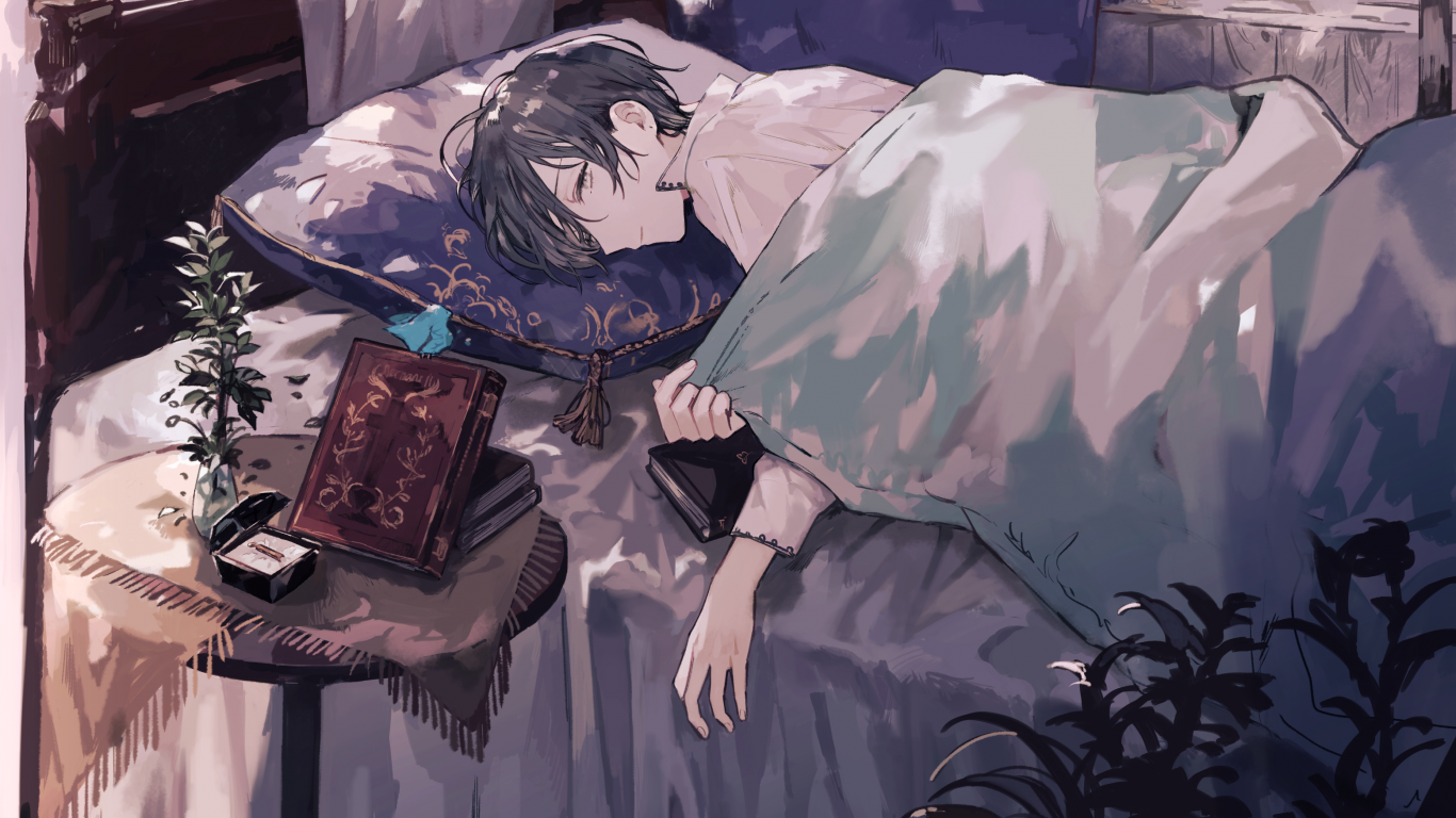 Download 1366x768 Anime Boy, Sleeping, Books, Shoujo Wallpaper for Laptop, Notebook