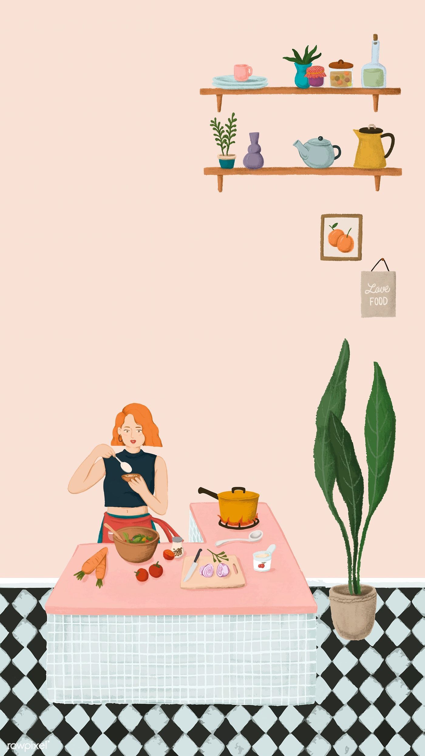 Download premium vector of Girl cooking in a kitchen sketch style mobile. Girl cooking, Cute wallpaper, Watercolor pattern background