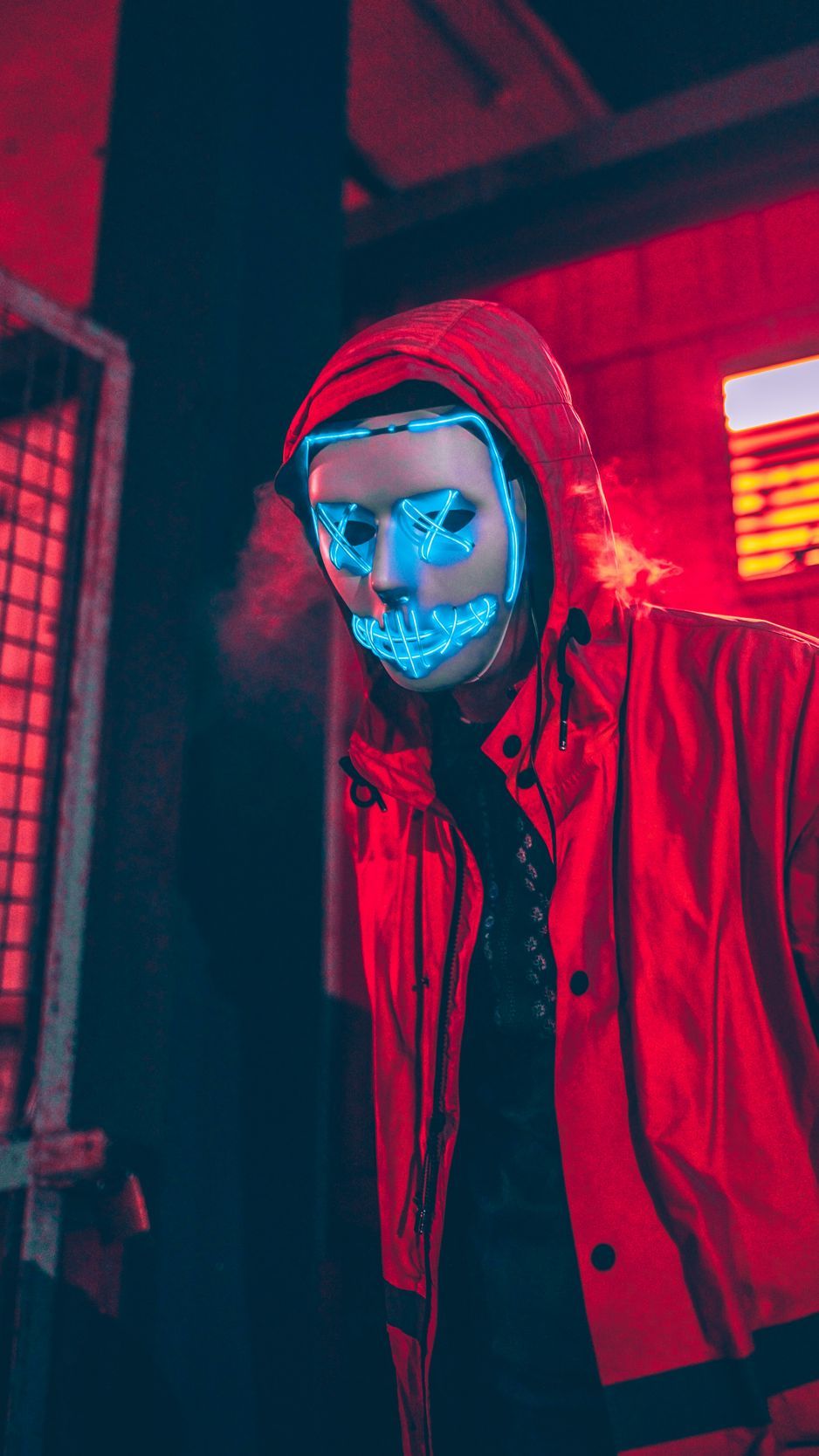 Download Wallpaper 938x1668 Neon Mask, Mask, Man, Hood, Red Iphone 8 7 6s 6 For Parallax HD Background
