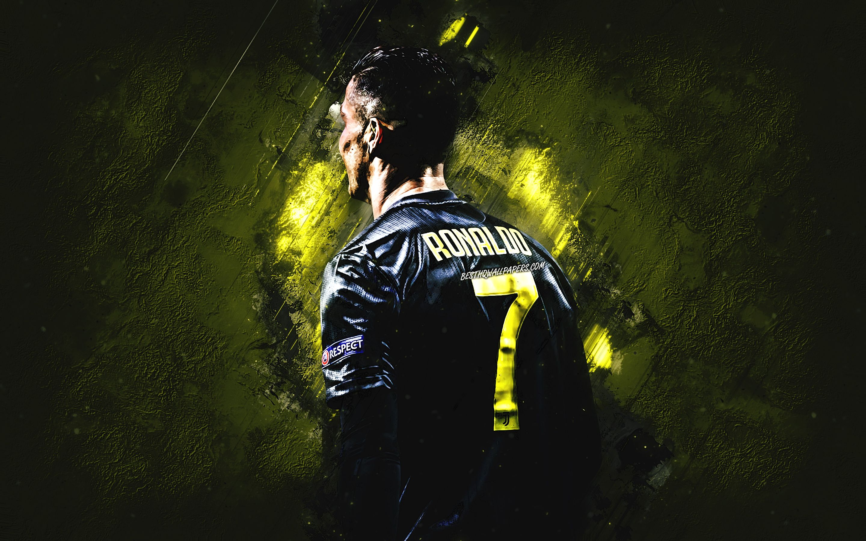 Download wallpaper Cristiano Ronaldo, Portuguese soccer player, Juventus FC, black uniform, CR football star, Serie A, Italy, football, yellow stone background for desktop with resolution 2880x1800. High Quality HD picture wallpaper