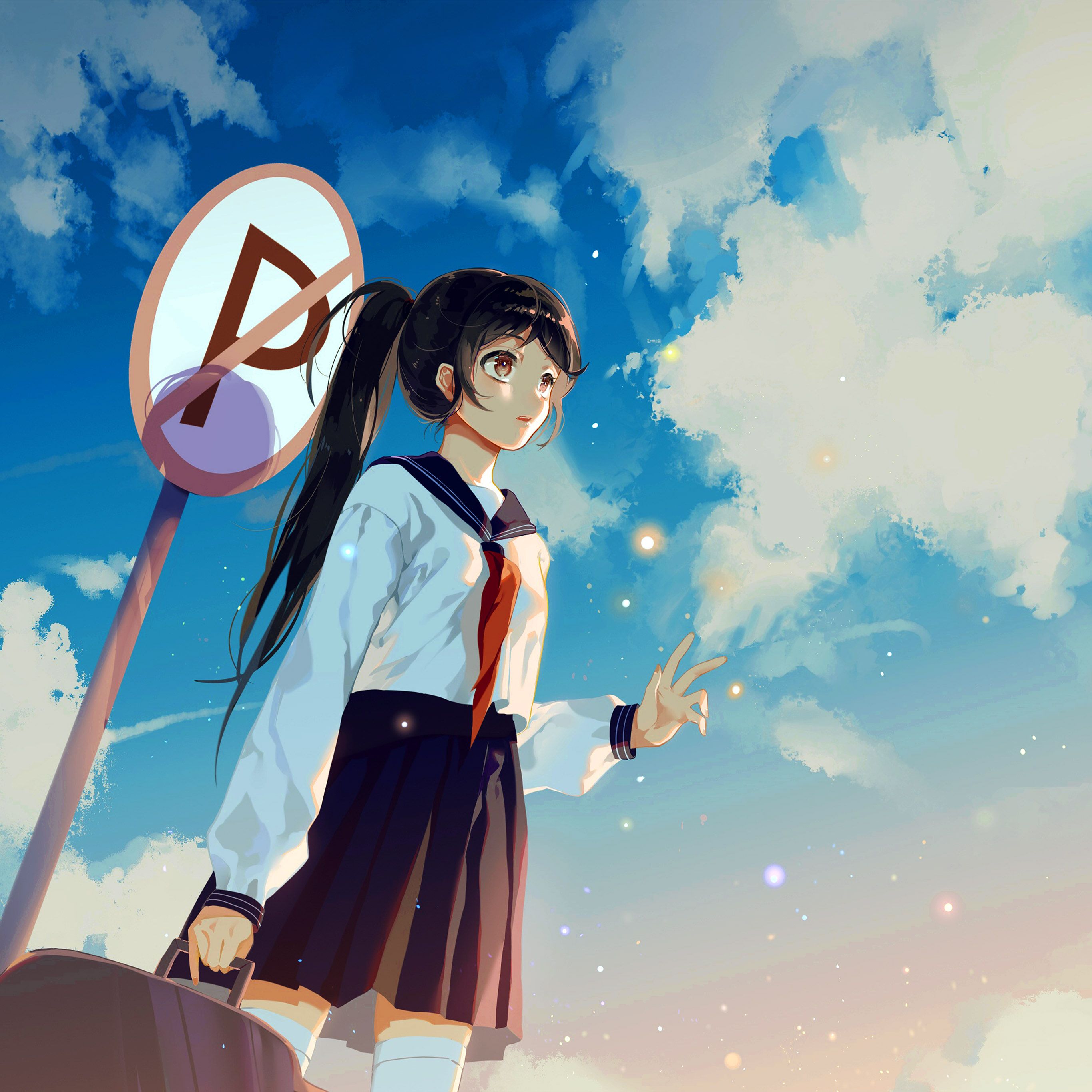 Girl School Girl Anime Sky Cloud Star Art Illustration Wallpaper
