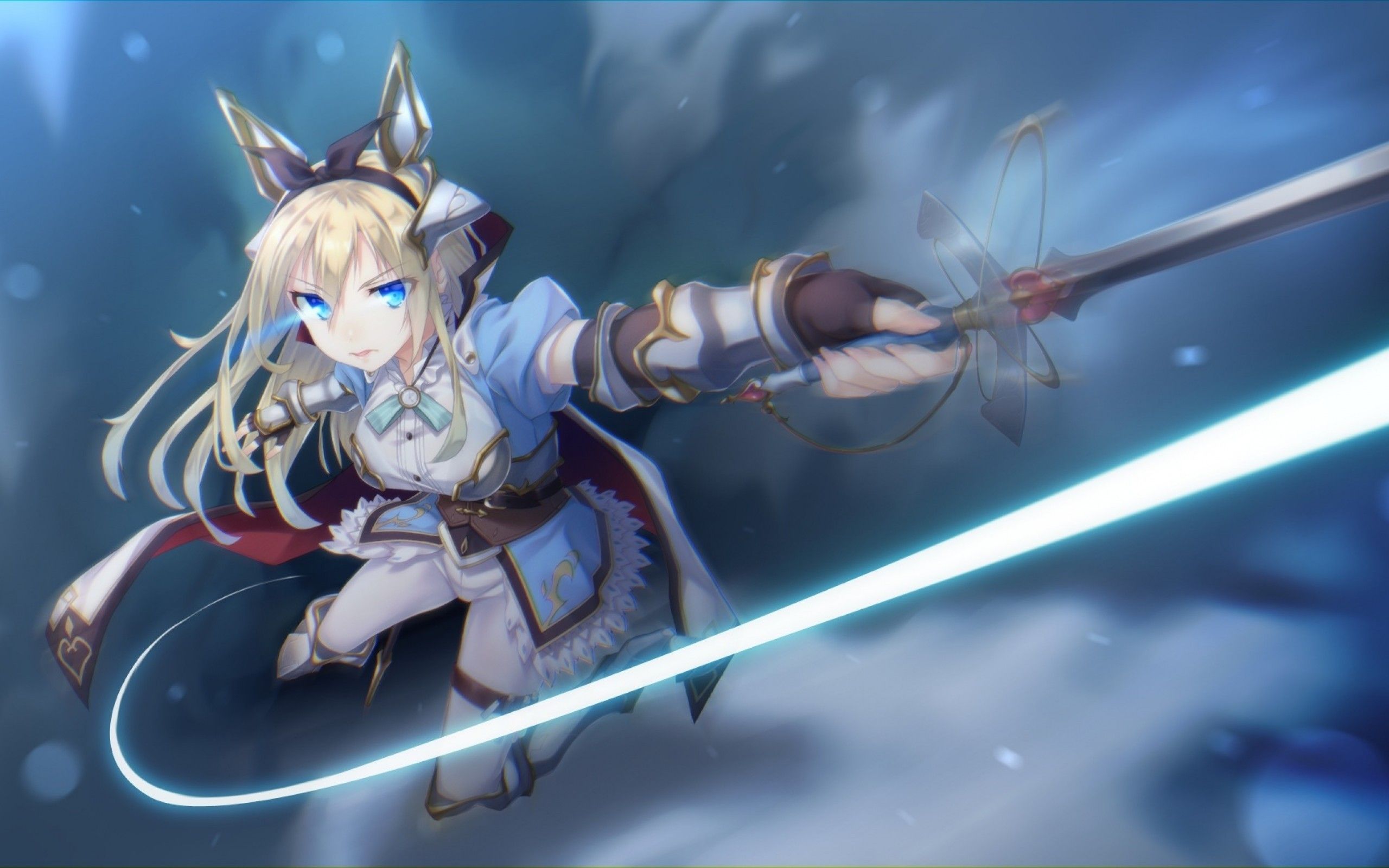Download 2560x1600 Anime Girl, Blonde, Sword, Ribbon, Blue Eyes, Fighting Wallpaper for MacBook Pro 13 inch