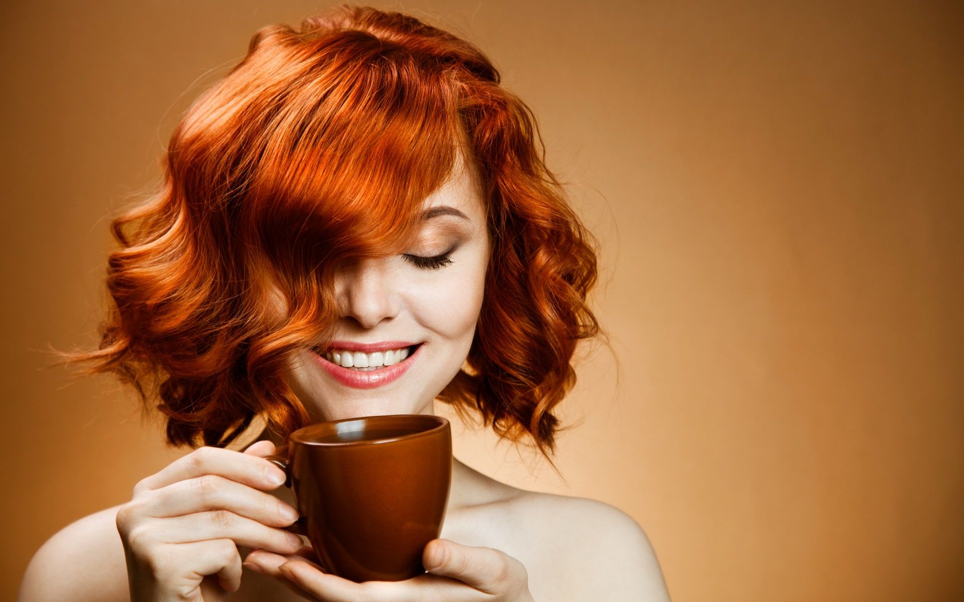 Smile hair coffee cup drink face mood women models females girls coffee tea redhead wallpaperx1200