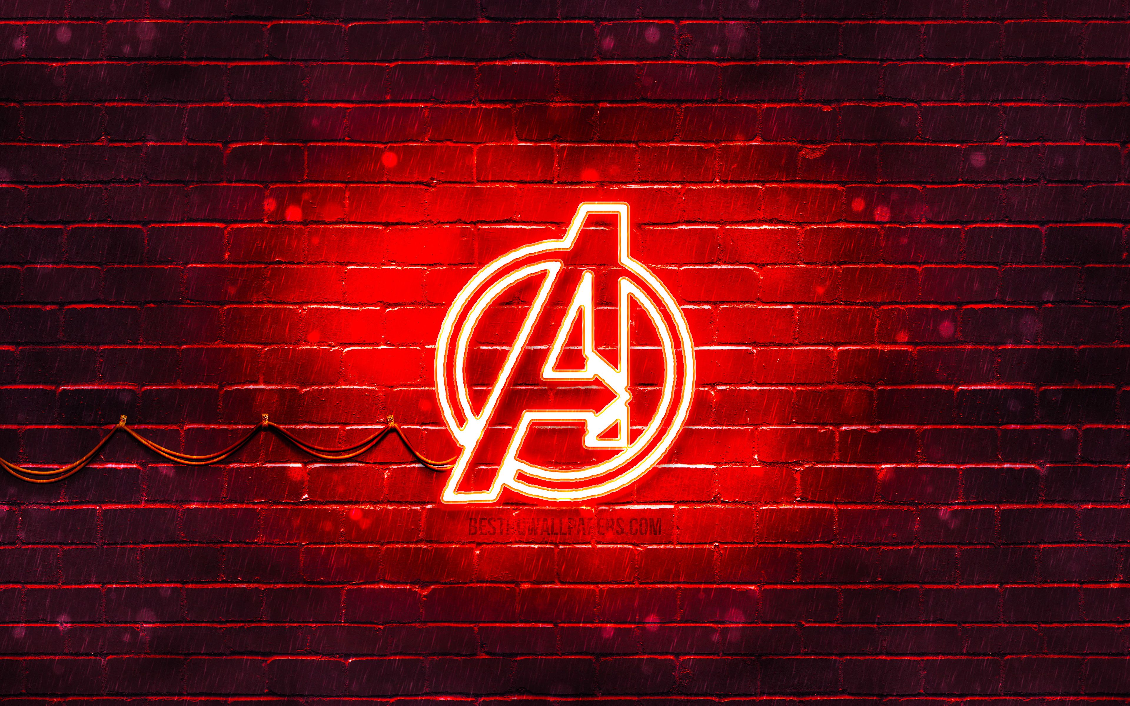 Download wallpaper Avengers red logo, 4k, red brickwall, Avengers logo, superheroes, Avengers neon logo, Avengers for desktop with resolution 3840x2400. High Quality HD picture wallpaper