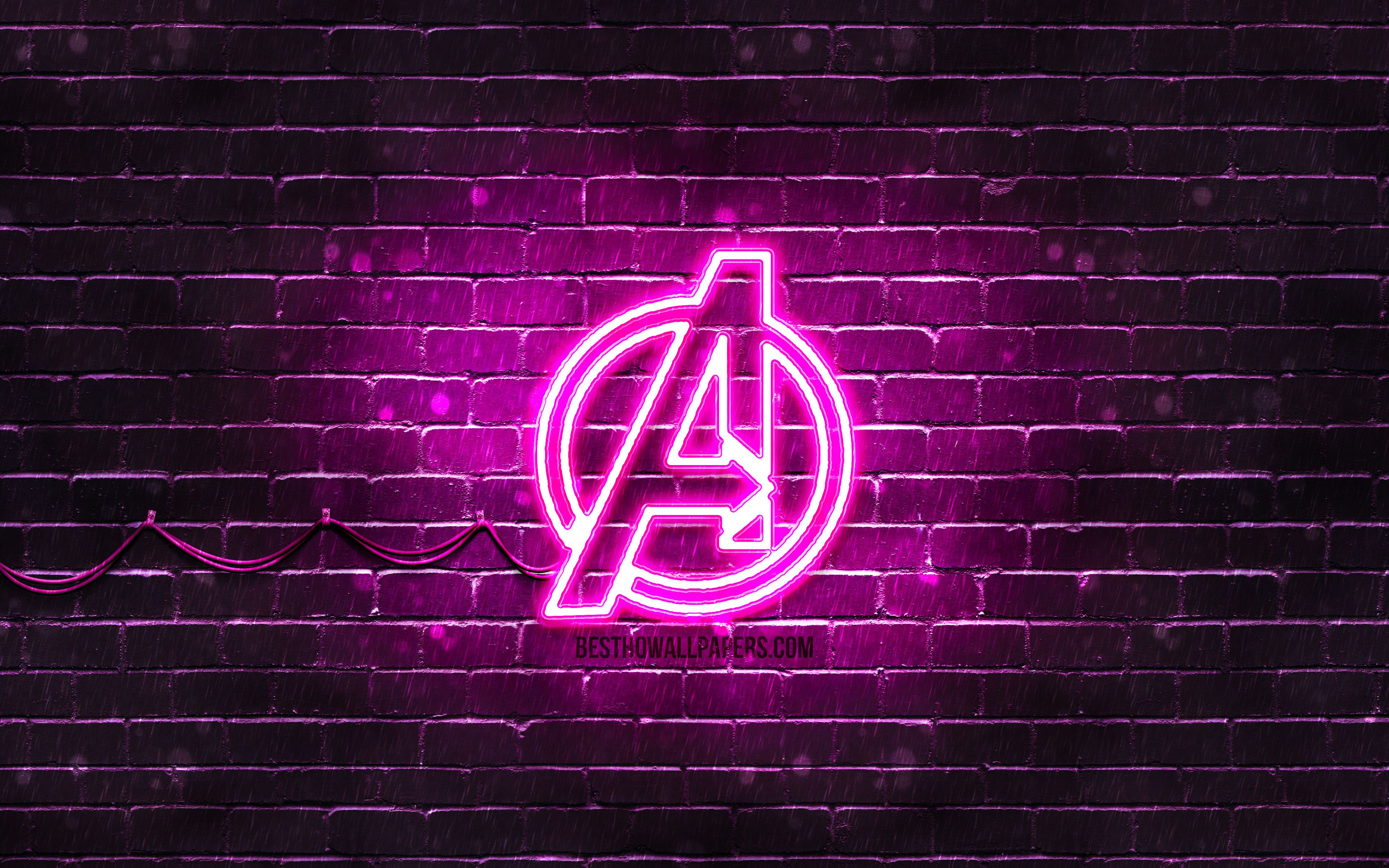 Download wallpaper Avengers purple logo, 4k, purple brickwall, Avengers logo, superheroes, Avengers neon logo, Avengers for desktop with resolution 3840x2400. High Quality HD picture wallpaper
