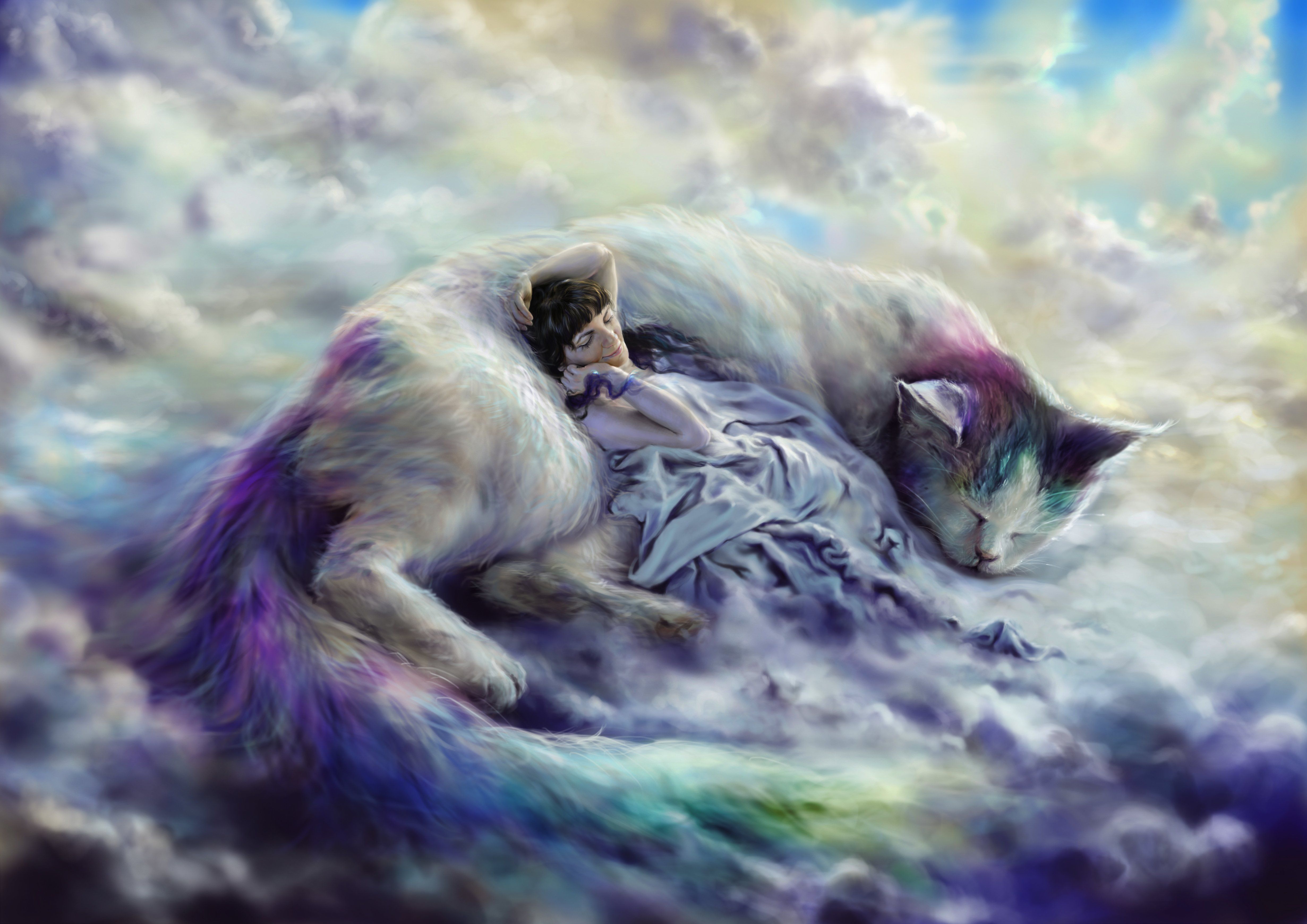 Magical animals Cats Clouds Sleep Fantasy mood wallpaperx3480
