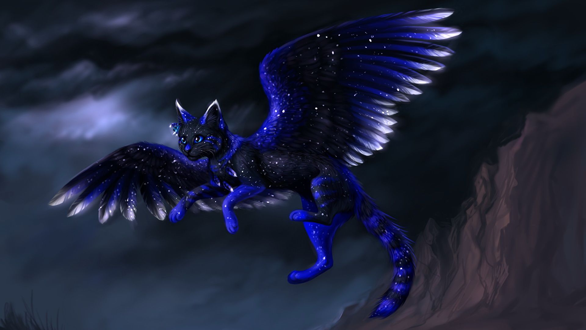 Picture Cats Wings Fantasy Night Flight Magical animals 1920x1080