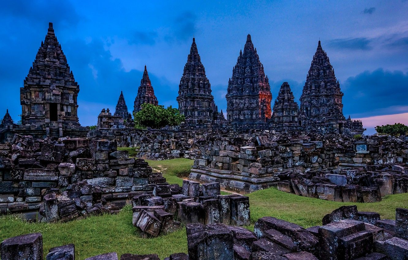 Wallpaper the sky, clouds, sunset, clouds, stones, the evening, Indonesia, the ruins, temple, Prambanan Temple image for desktop, section пейзажи