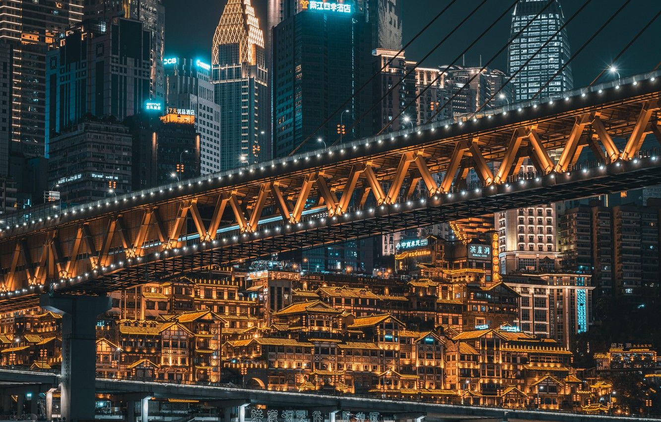 Wallpaper city, China, bridge, night, buildings, architecture, skyscrapers, metropolis, Chongqing, city lights, 8k HD background image for desktop, section город