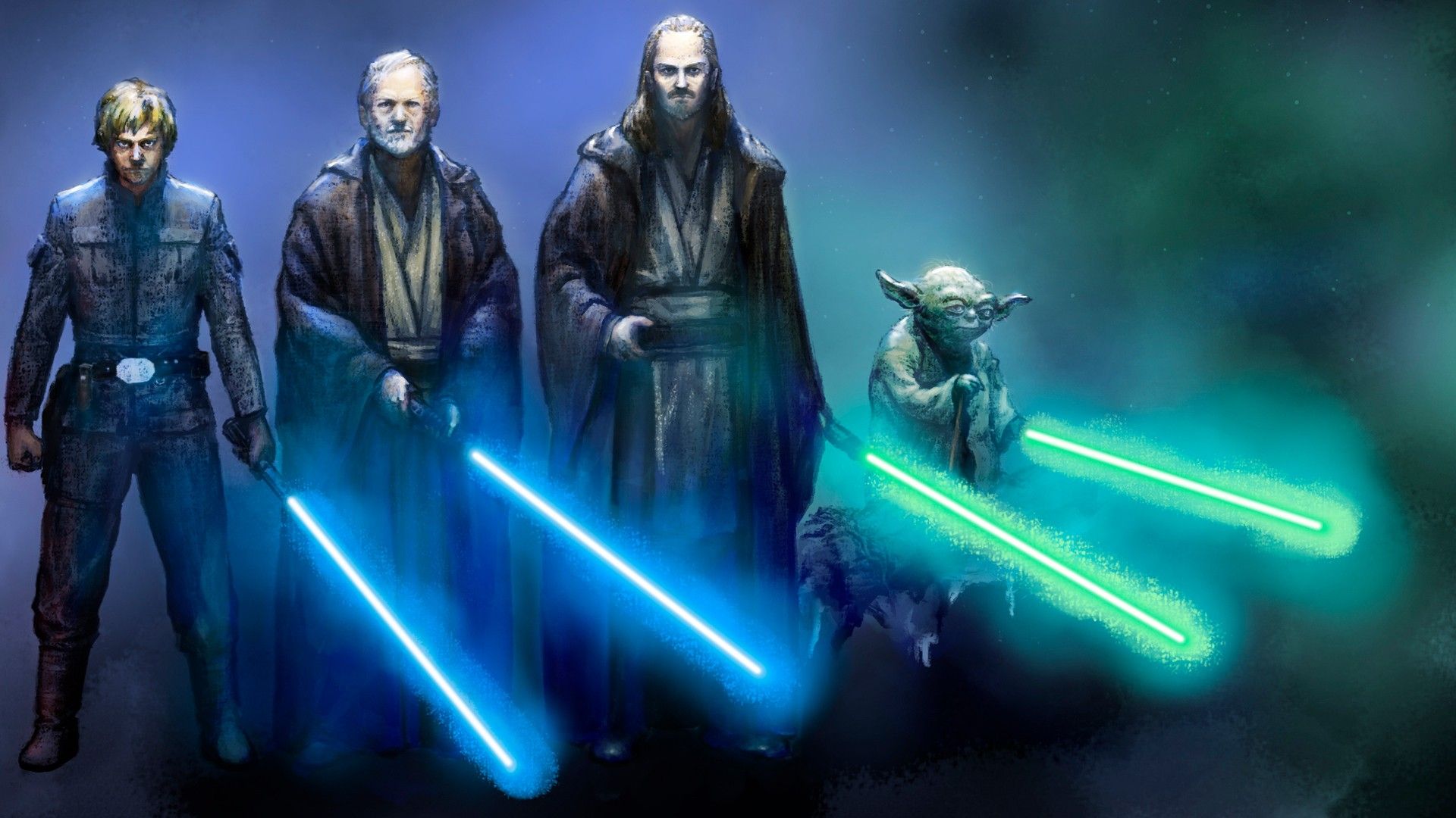 Star Wars, Blue, Lightsabers, Luke Skywalker, Yoda, Obi Wan Kenobi, Qui Gon Jinn Wallpaper