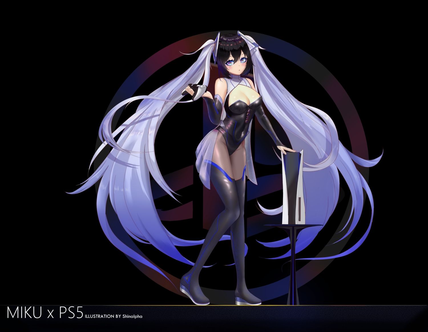 blue eyes boots breasts cleavage game console hatsune miku leotard long hair shinalpha thighhighs twintails vocaloid watermark. konachan.com.com Anime Wallpaper