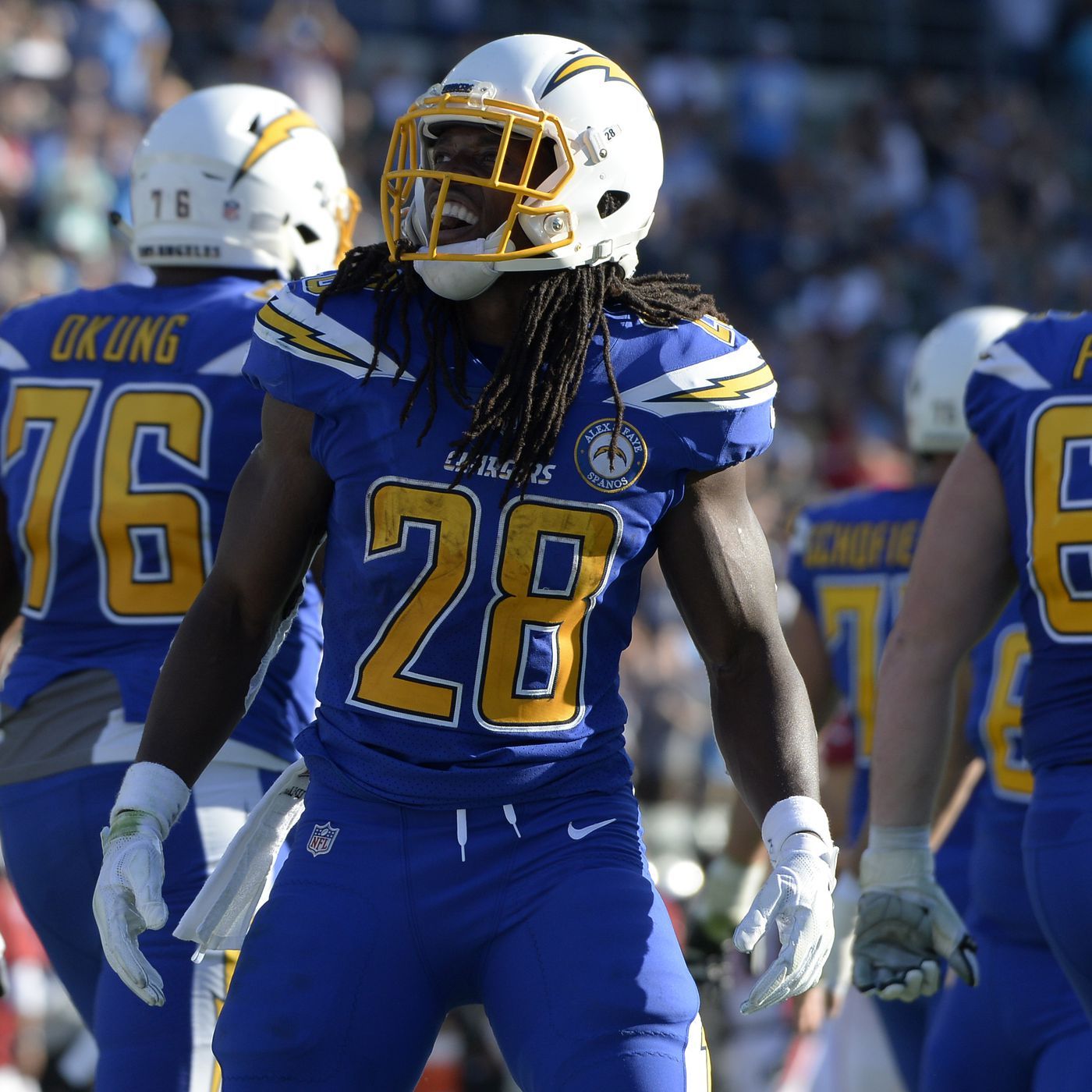 Melvin Gordon 28 Chargers Nike Navy Blue Jersey. White Gold 