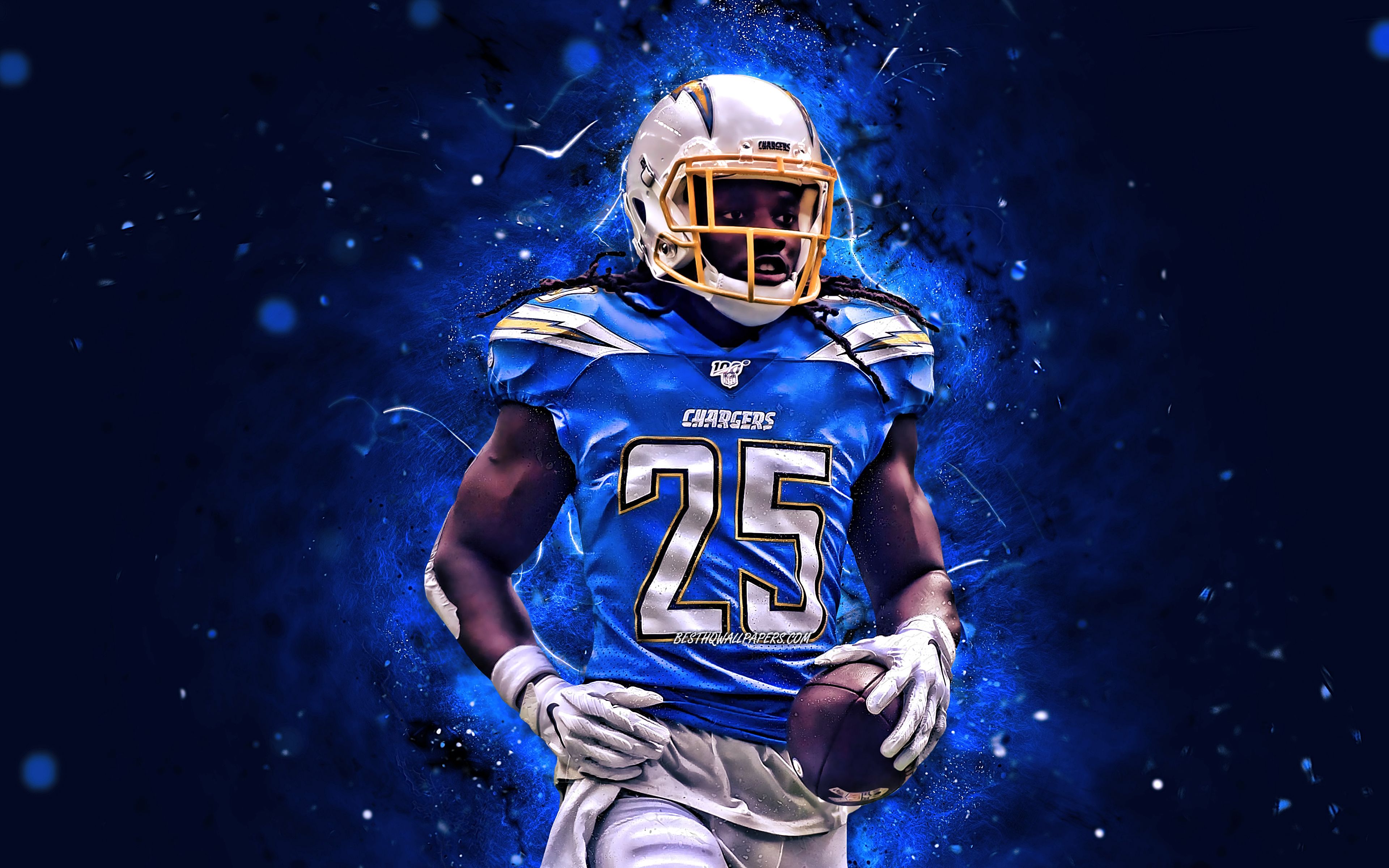 Download wallpaper Melvin Gordon, 4k, running back, Los Angeles Chargers, american football, NFL, LA Chargers, Melvin Gordon III, National Football League, neon lights, Melvin Gordon Los Angeles Chargers, Melvin Gordon 4K for