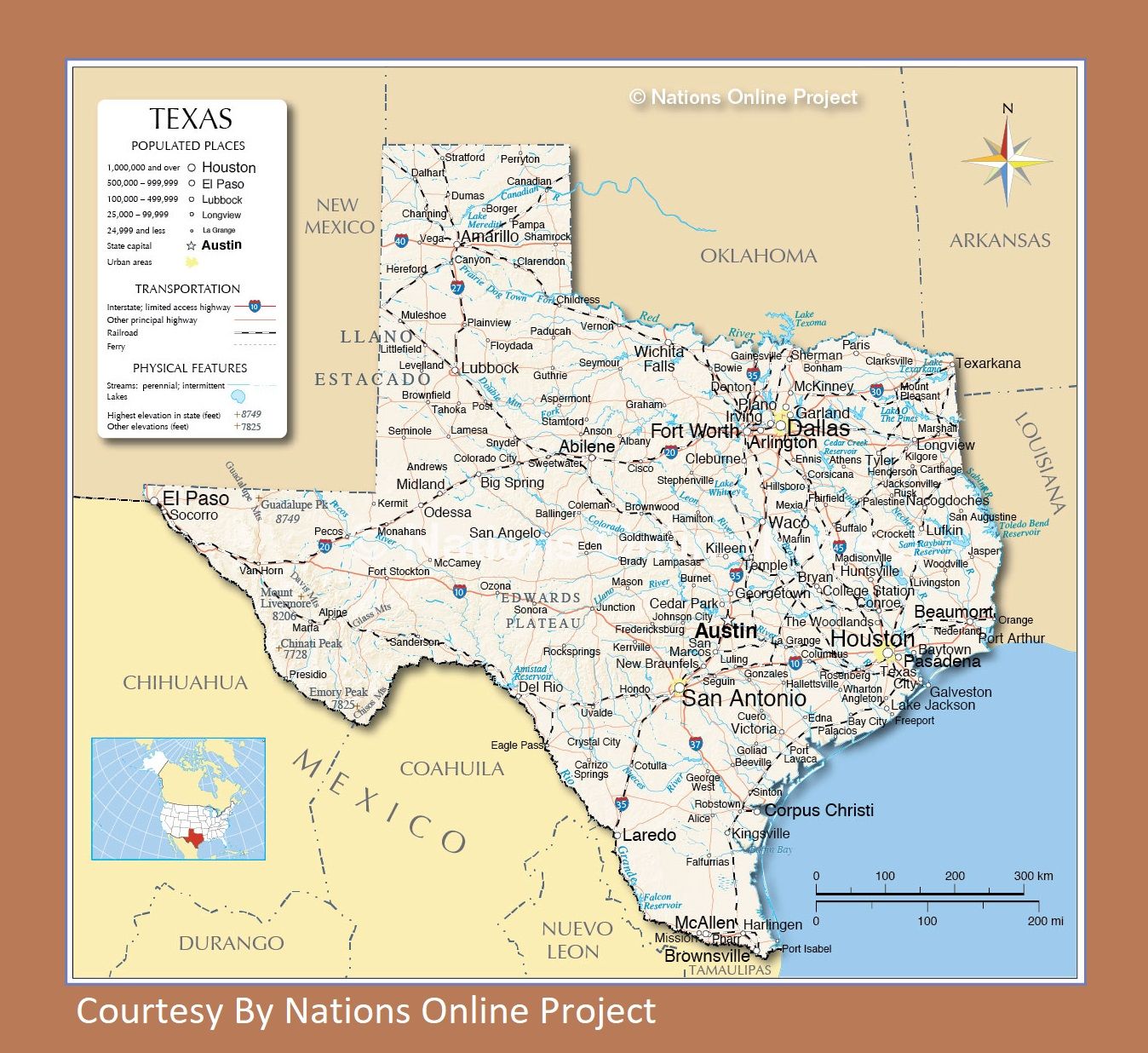 Texas Transportation and physical map large printable