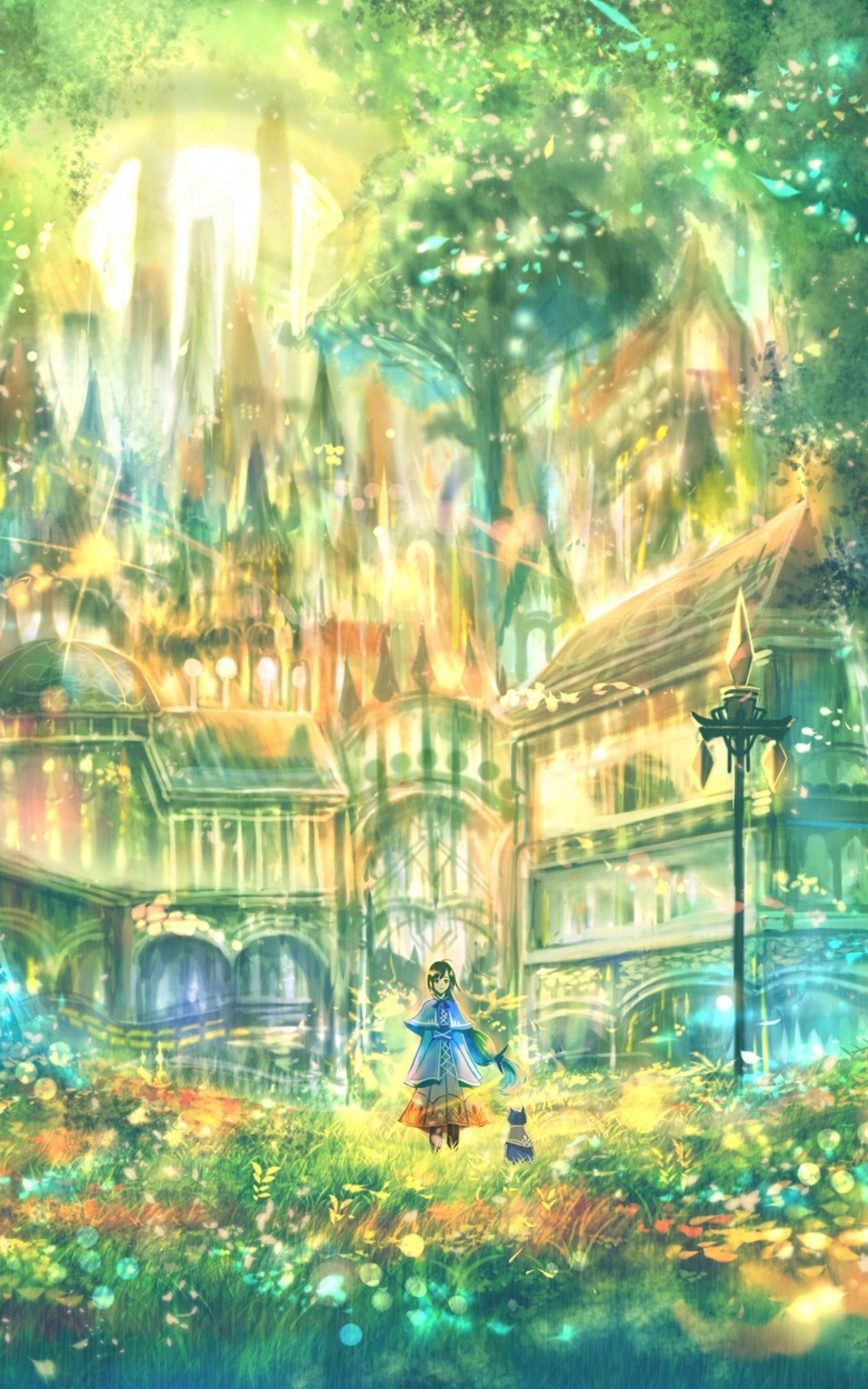 Download 1600x2560 Anime Landscape, Forest, Scenery, Cat, Anime Girl, Shiny Mansion, Polychromatic Wallpaper for Google Nexus 10
