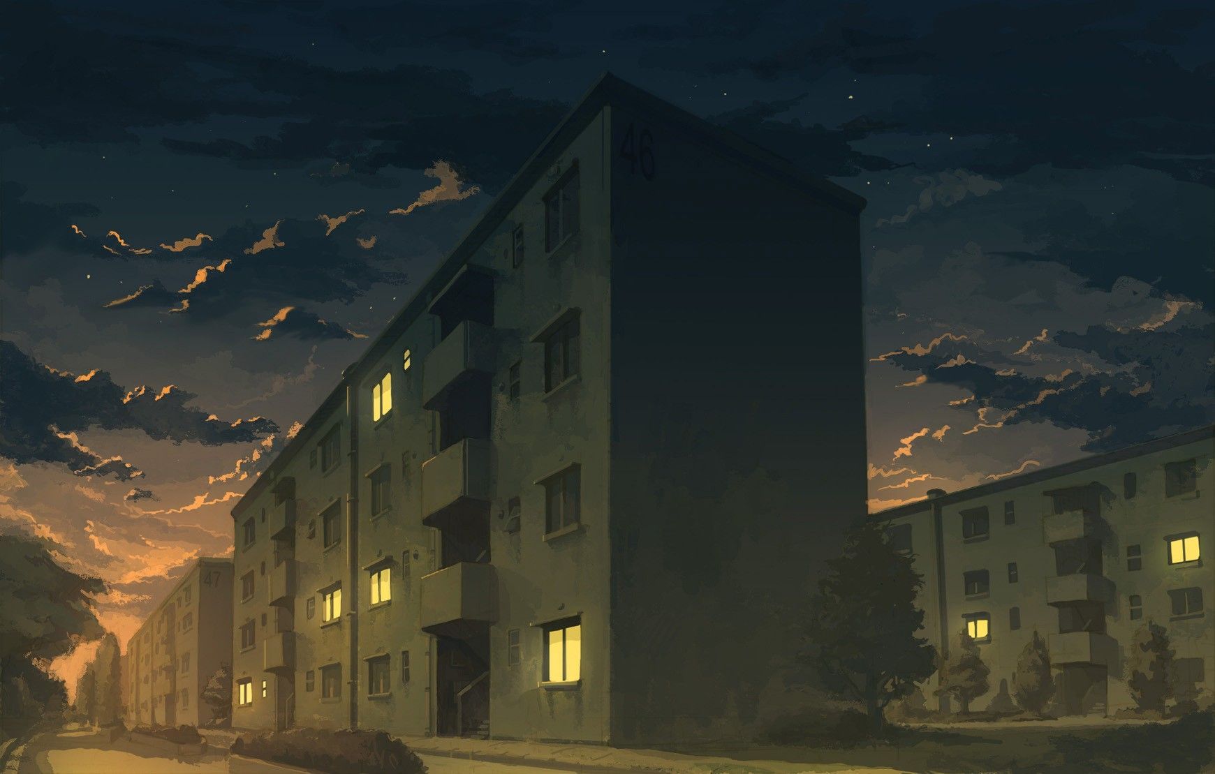 building, #anime, #apartments, #city, #artwork, #night, wallpaper. Anime scenery, Anime background, Background