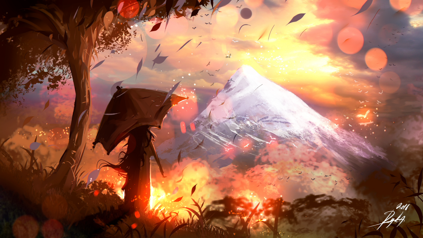 Download 1366x768 Anime Landscape, Scenic, Mountain, Autumn, Woman, Sunset Wallpaper for Laptop, Notebook