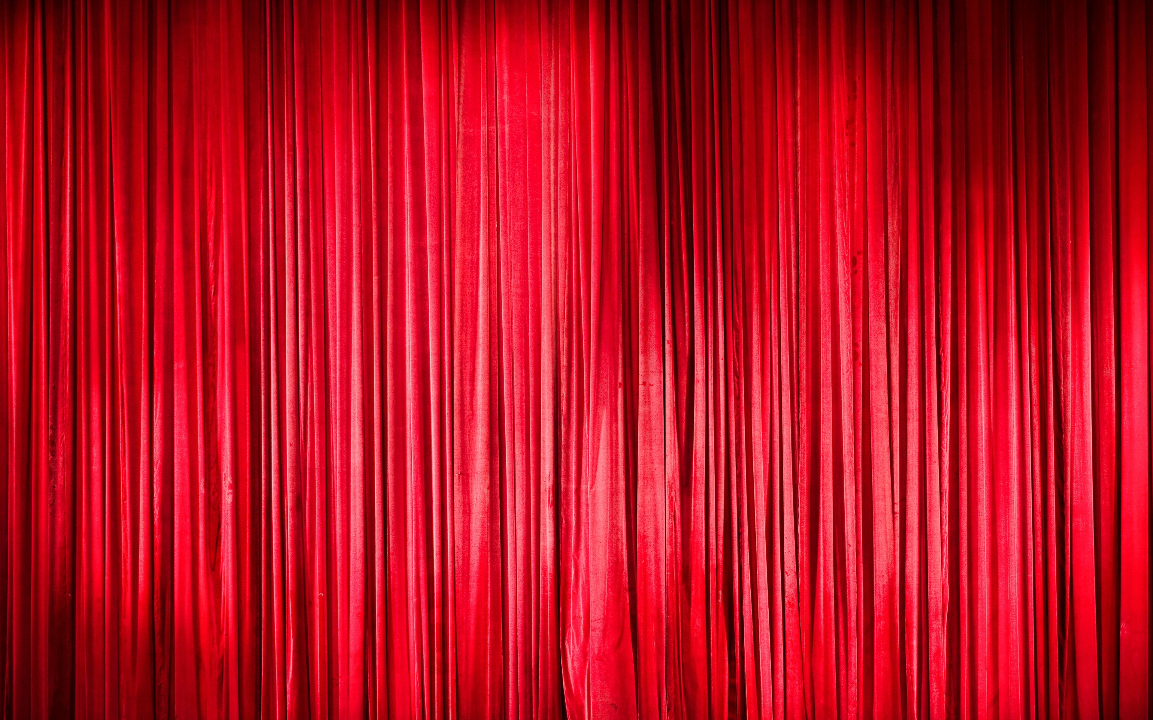 Download wallpaper red curtain, 4k, red fabric, theater, screen, red silk, red velvet, fabric texture, curtain for desktop with resolution 3840x2400. High Quality HD picture wallpaper
