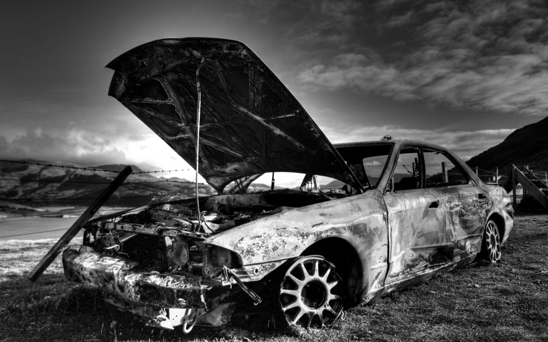 Black White Destroyed Car