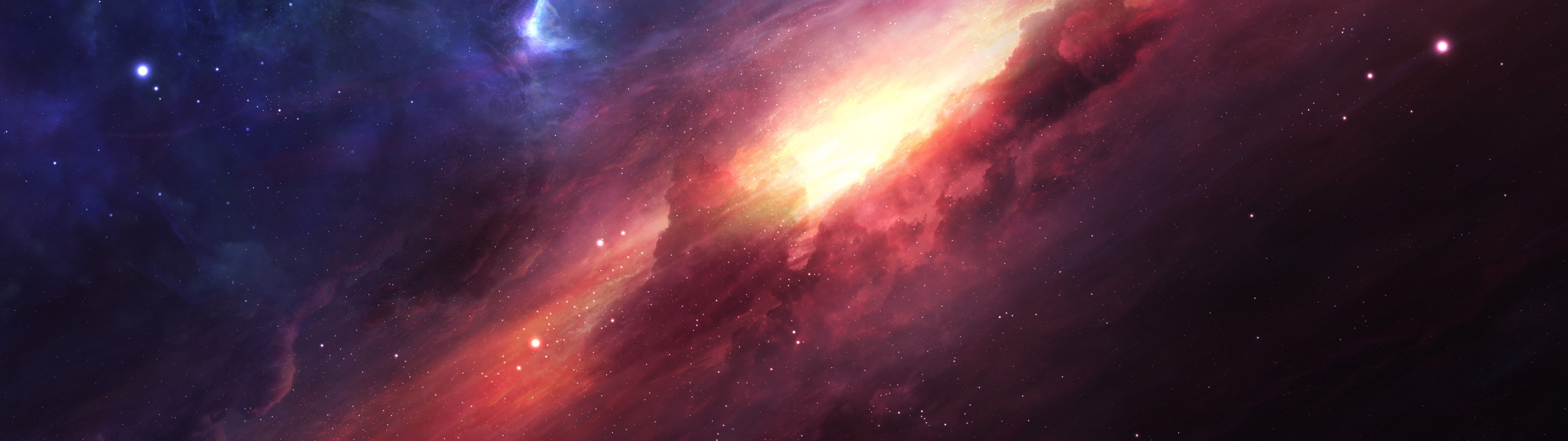 Download 7680x2160 Cosmos, Colorful Nebula, Orange Galaxy, Outer Space, Universe Wallpaper