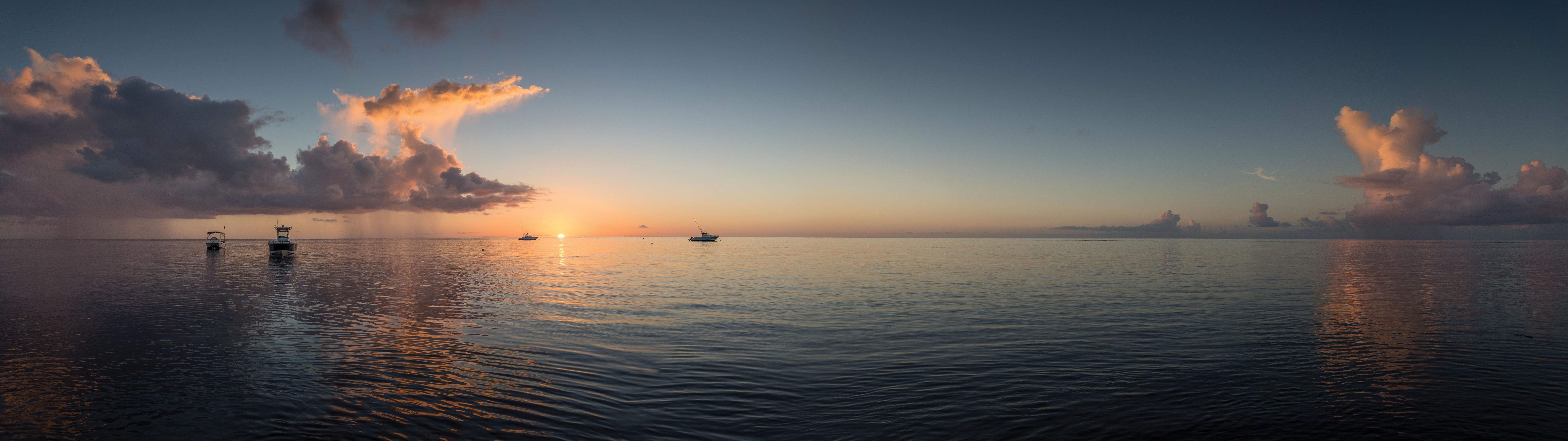 Landscape Sea Horizon Sunset Clouds Nature Boat Dual Display Multiple Display Panorama Wallpaper:7680x2160