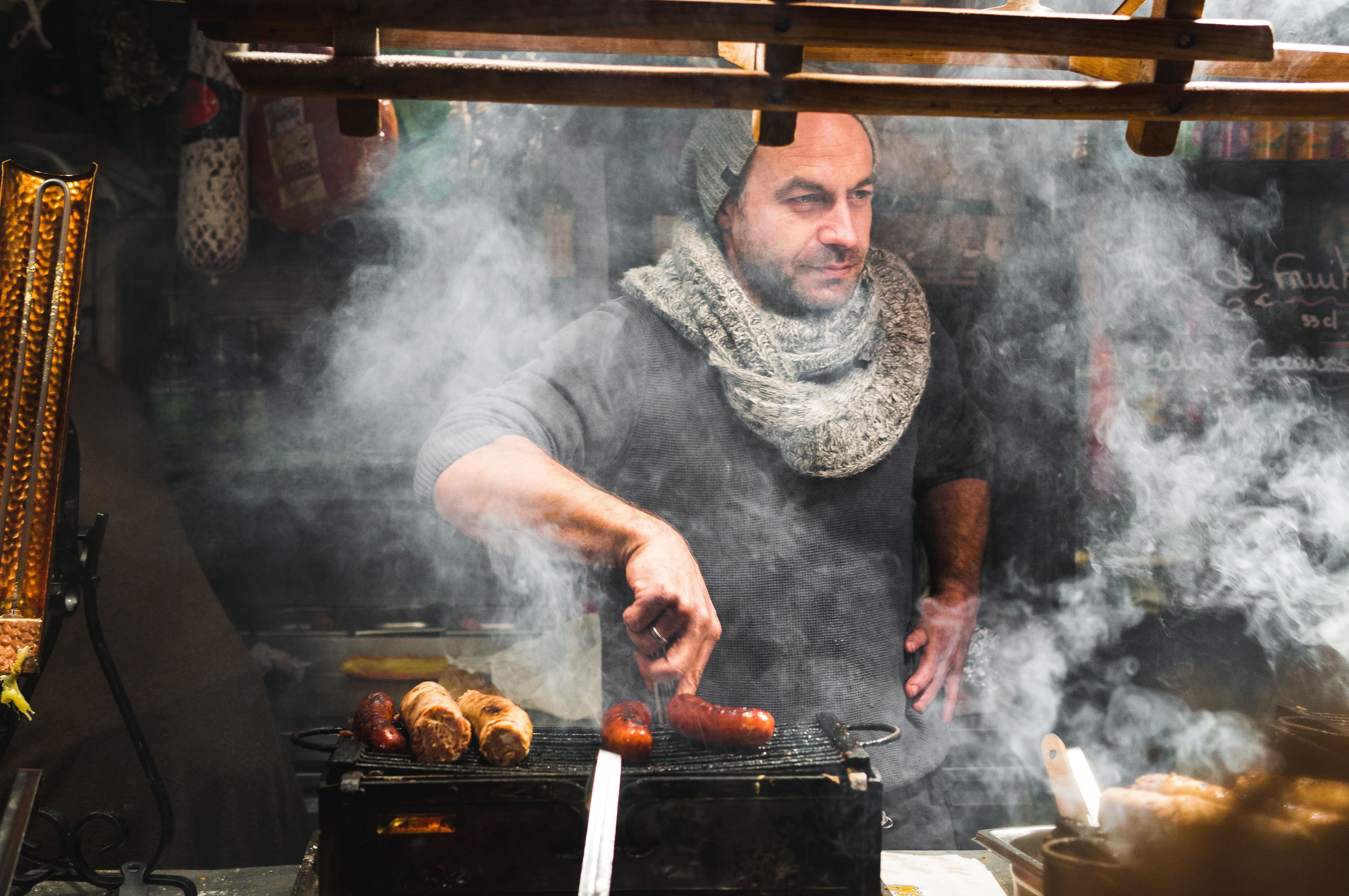 4912x3264 #chef, #barbecue, #healthy, #meat, #cooking, #steam, #hotdog, #eat, #street, #food, #tong, #street photography, #smoke, #anger, #sausage, #man, #winter, #barbeque, #male, #grill, #Public domain image. Mocah.org HD Wallpaper