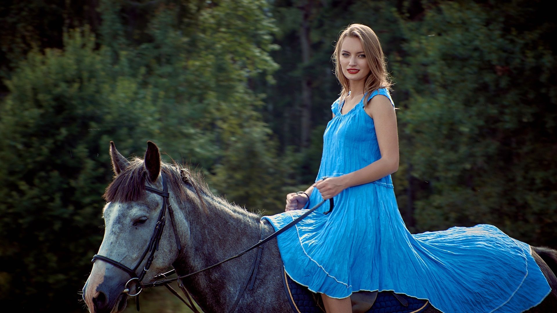Wallpaper Blue skirt girl riding horse 1920x1200 HD Picture, Image