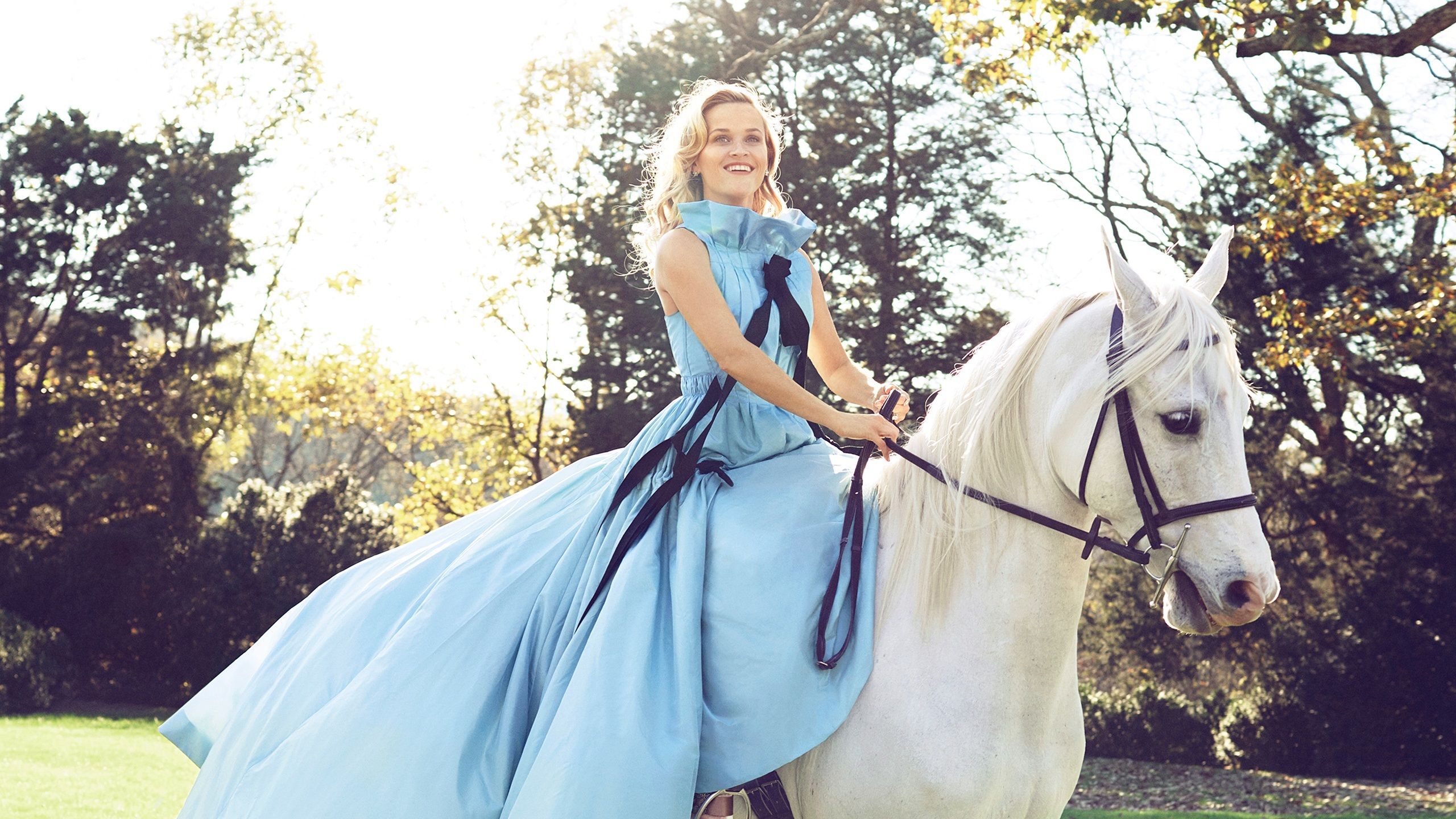 Wallpaper Blue dress girl riding white horse 2560x1600 HD Picture, Image