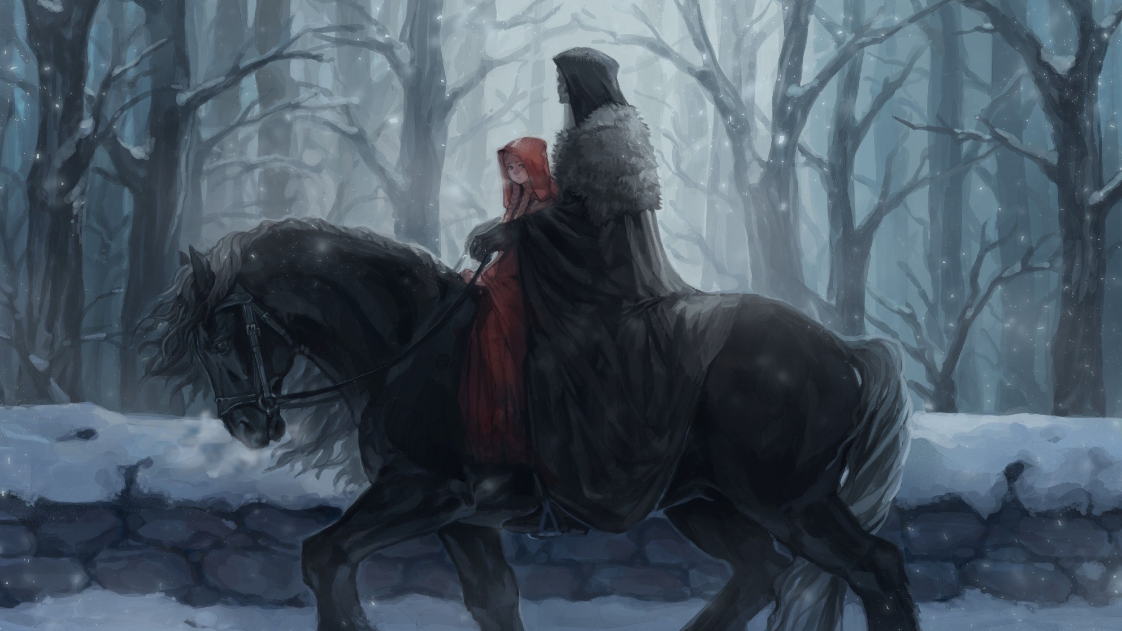 Download 3840x2160 Anime Girl, Horse, Skeleton, Riding, Snow, Winter, Forest Wallpaper for UHD TV