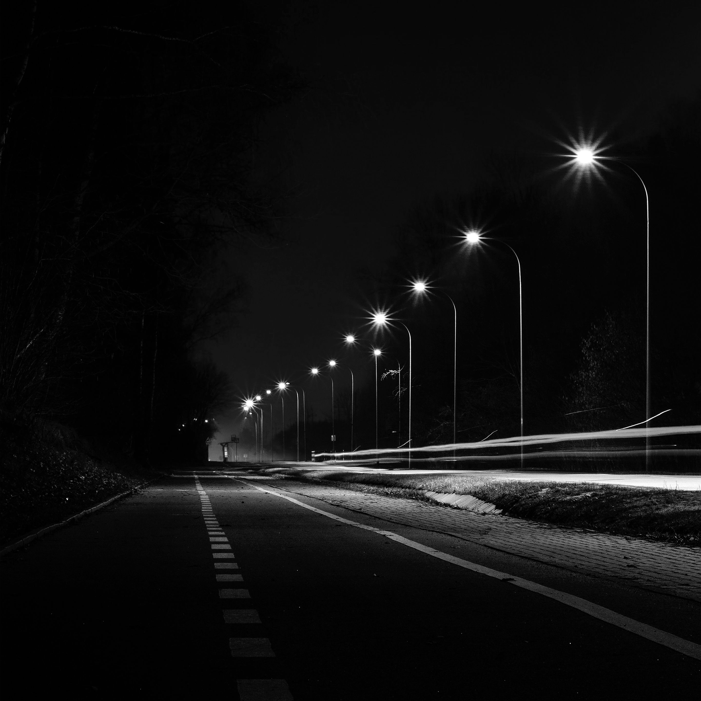 Street Lights Dark Night Car City Bw Wallpaper