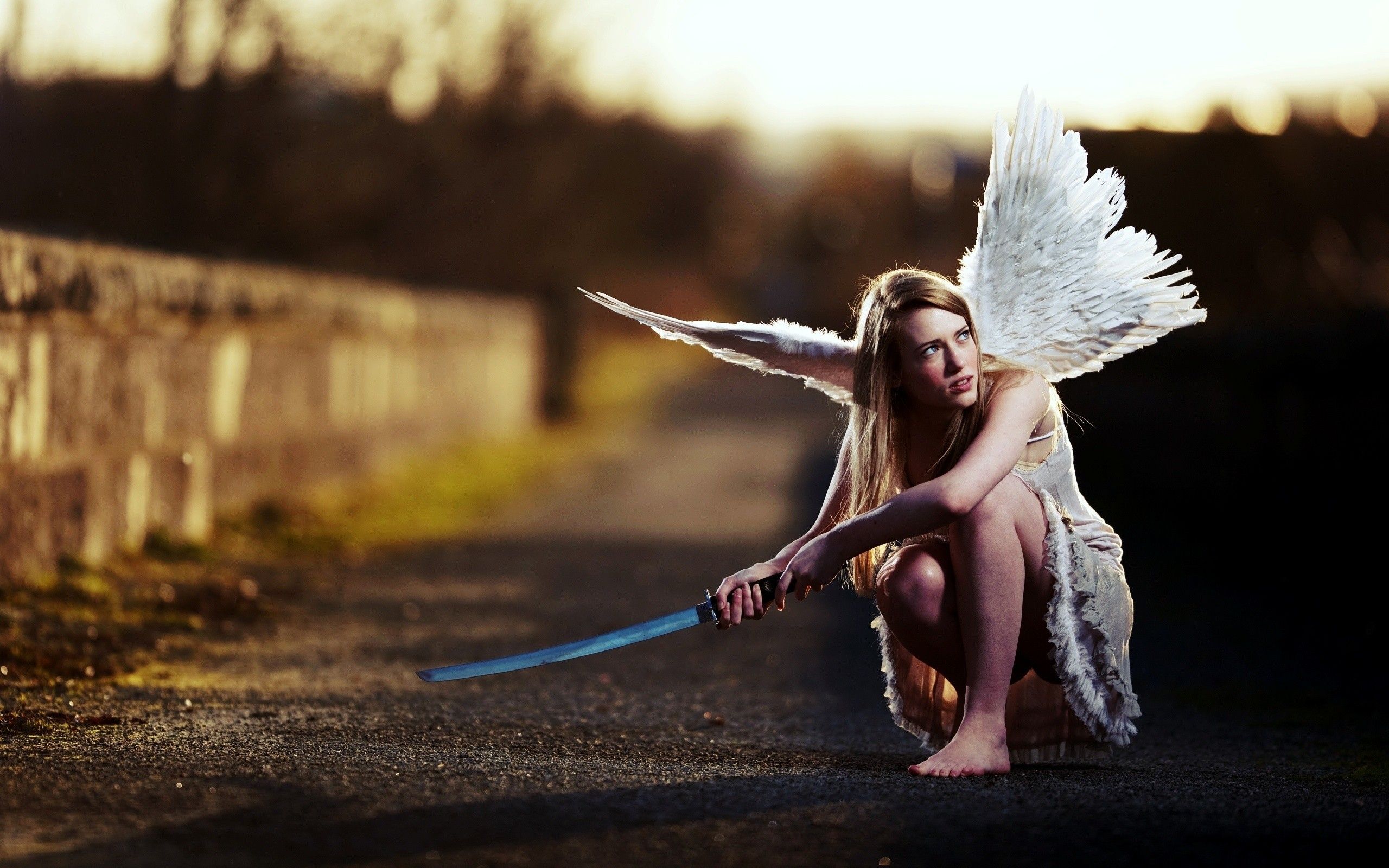 #sword, #angel wings, #angel, #wings, #blonde, #barefoot, #women, #white dress, #dress, wallpaper. Mocah.org HD Wallpaper