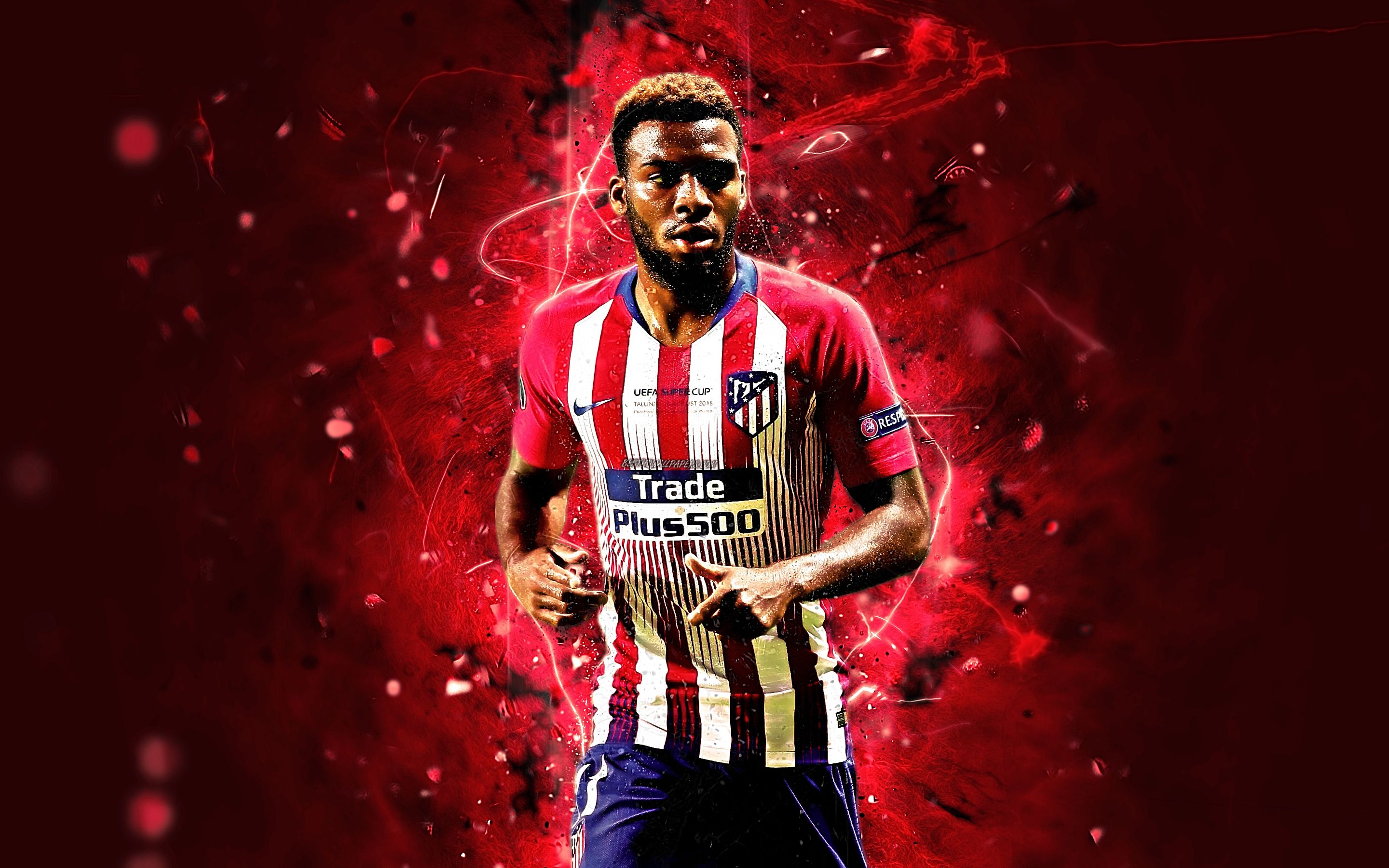 Download wallpaper Thomas Lemar, abstract art, hungarian footballer, Atletico Madrid FC, La Liga, Lemar, footballers, neon lights, soccer, LaLiga for desktop with resolution 2880x1800. High Quality HD picture wallpaper