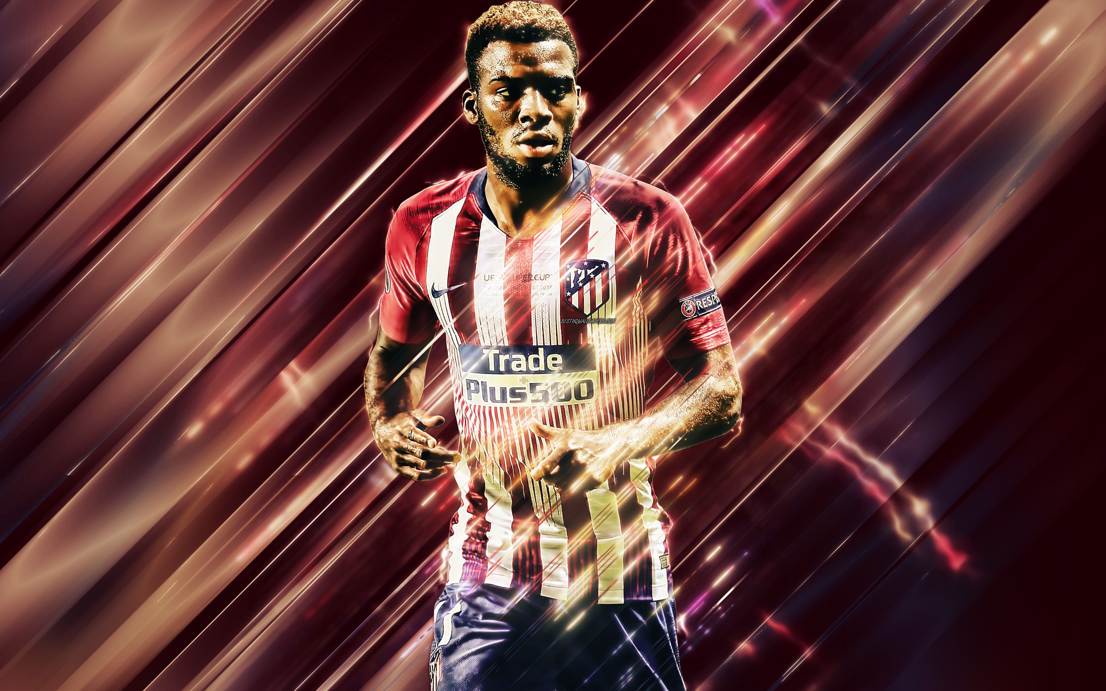 Download wallpaper Thomas Lemar, 4k, creative art, blades style, Atletico Madrid, French footballer, La Liga, Spain, red creative background, football for desktop with resolution 3840x2400. High Quality HD picture wallpaper