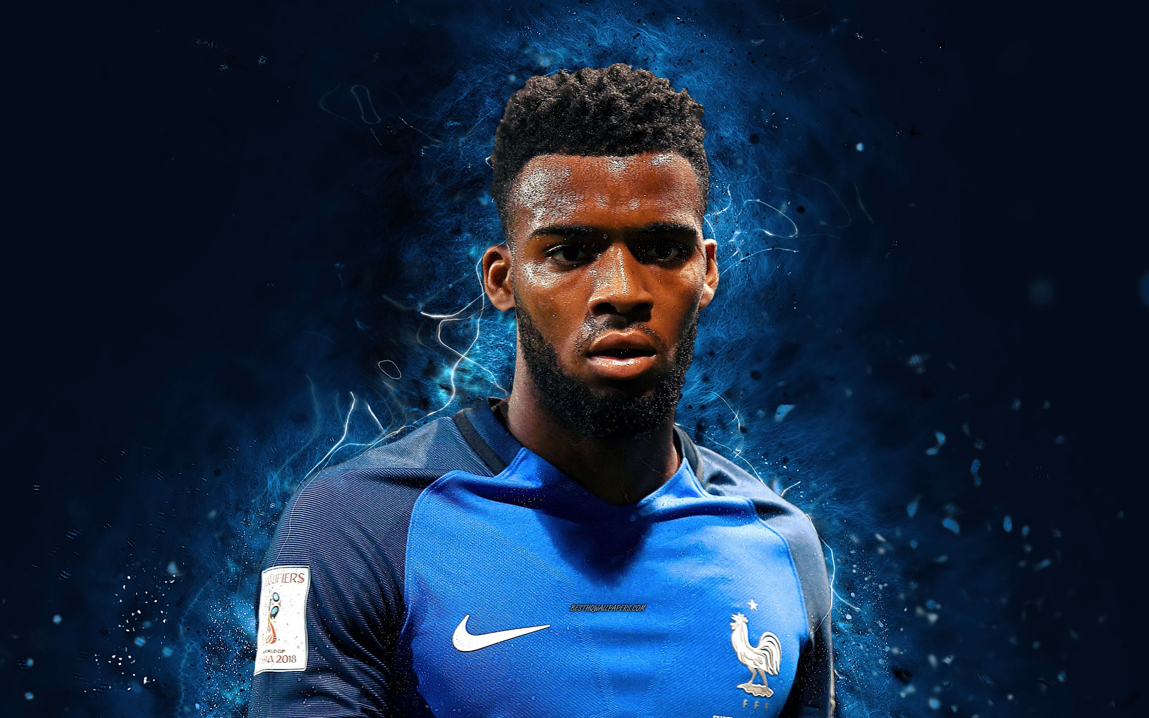 Download wallpaper Thomas Lemar, 4k, abstract art, France National Team, fan art, Lemar, soccer, footballers, FFF, neon lights, French football team for desktop with resolution 3840x2400. High Quality HD picture wallpaper