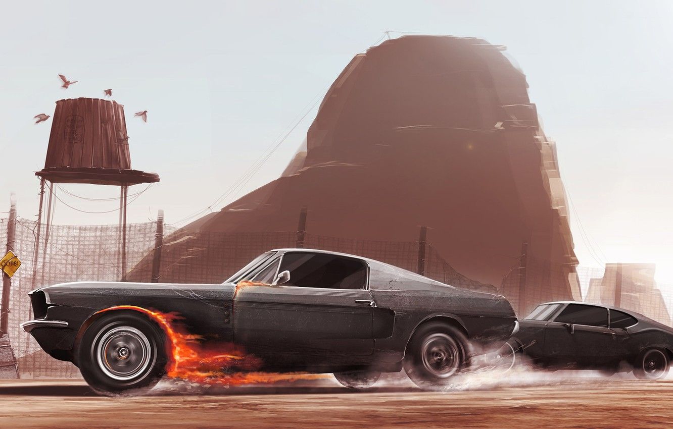 Wallpaper Mustang, Ford, Auto, Figure, Fire, Machine, Speed, Two, Chase, Car, Race, Art, Driver, Illustration, Animation, Desert image for desktop, section арт