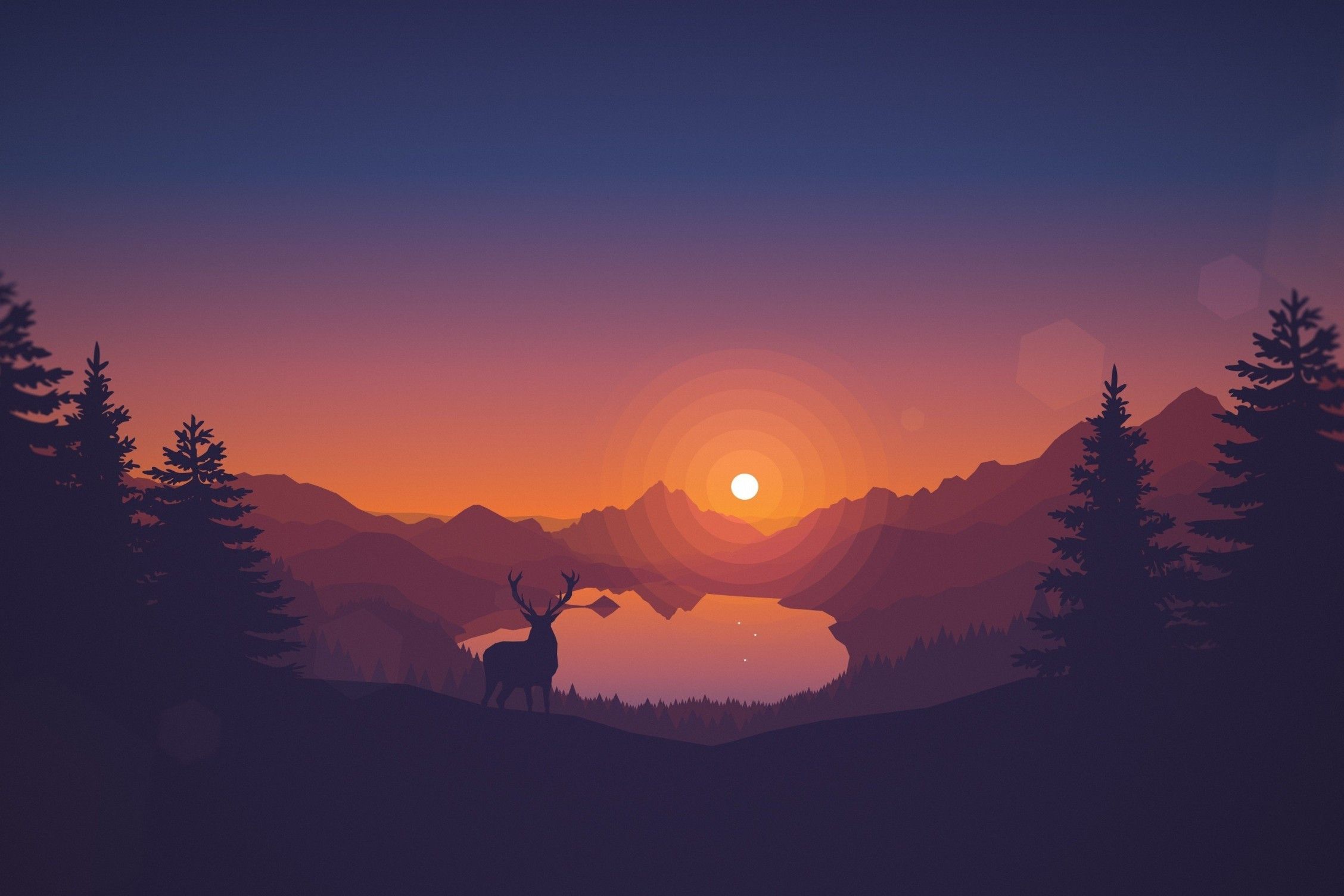 Download 2256x1504 Minimalism, Scenic, Toon Colors, Deer, Sun, Forest, Trees, Mountain Wallpaper