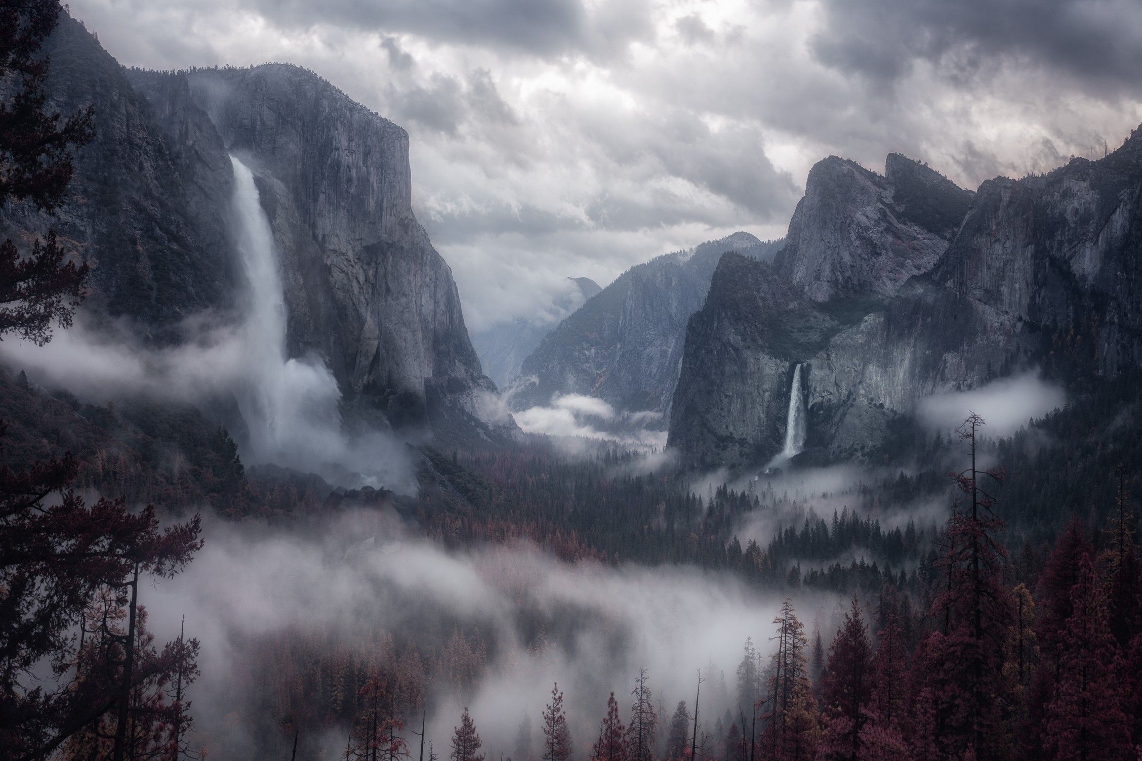 Download 2256x1504 Waterfall, Mountain, Hills, Forest, Dark Clouds, Fog Wallpaper