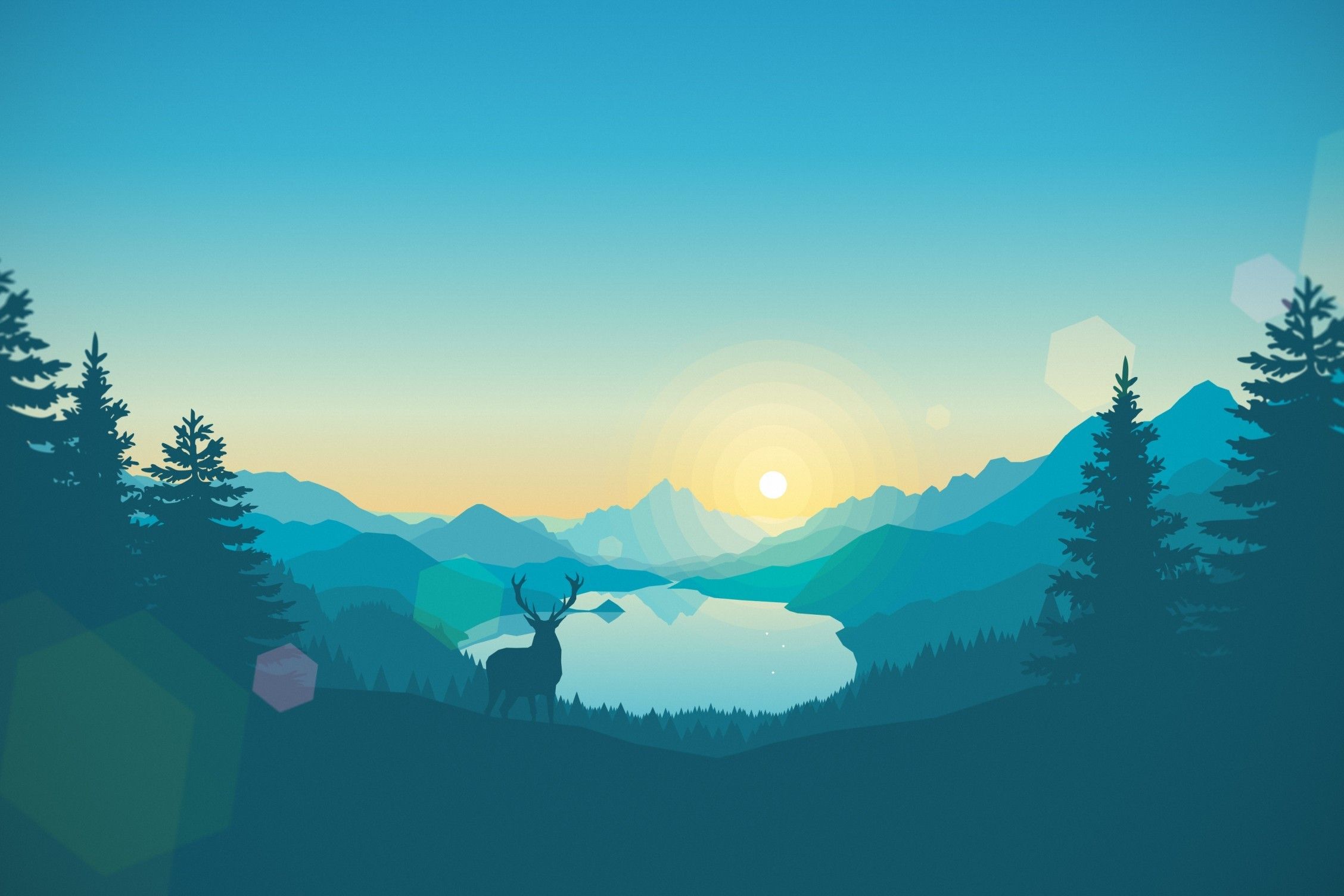 Download 2256x1504 Flat Landscape, Minimalism, Deer, Lake, Mountains, Digital Art Wallpaper