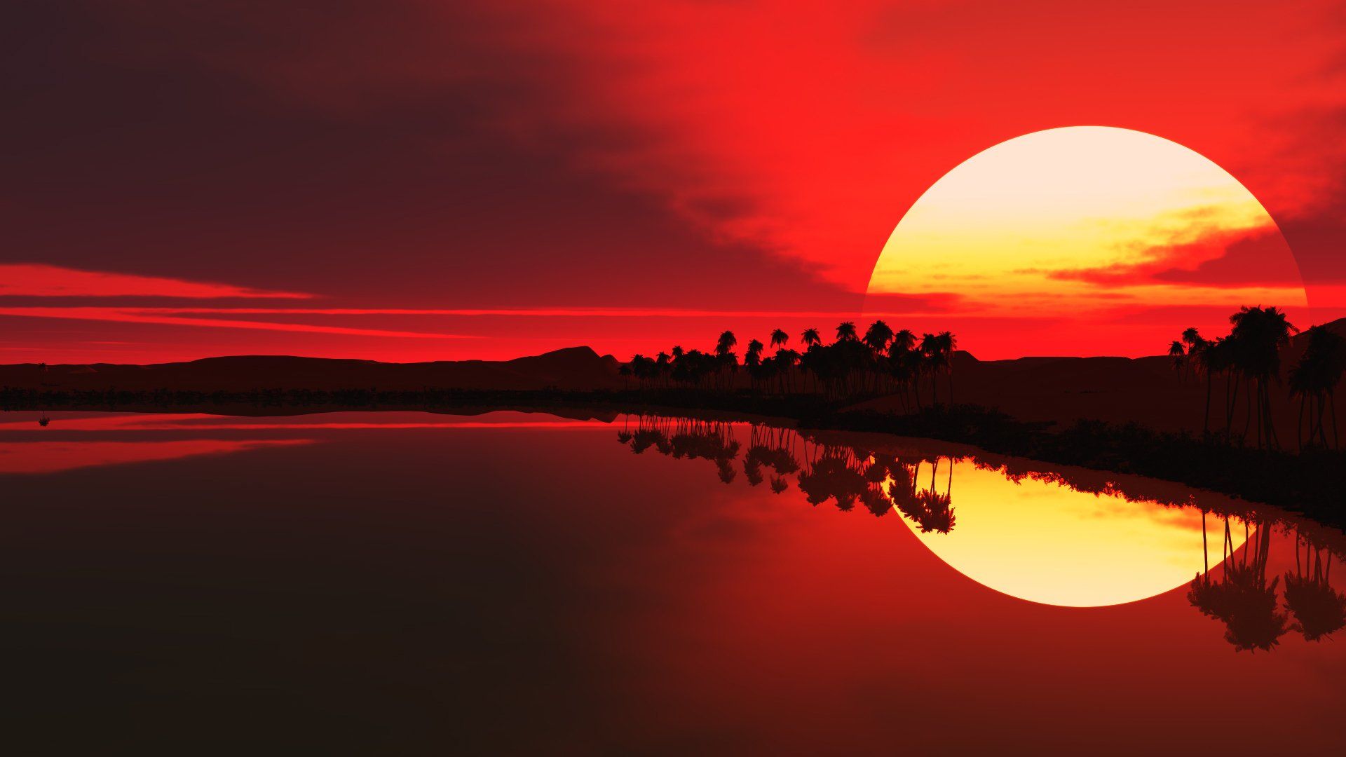 water, Sunrise, Red, Palm, Trees, Lakes, Sillhouette Wallpaper HD / Desktop and Mobile Background
