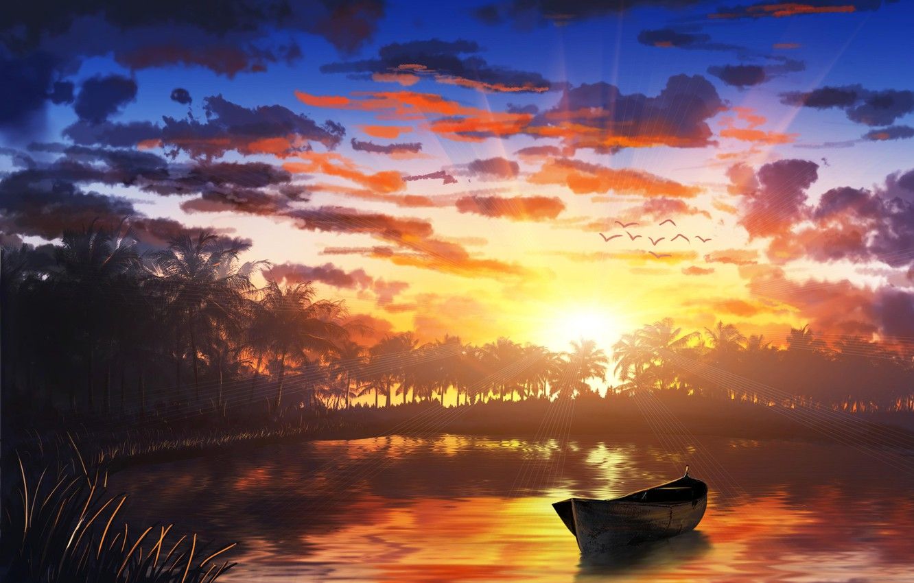 Wallpaper twilight, sky, sunset, water, art, birds, dusk, painting, palm trees, reflection, artwork, boat, sun rays, 4k HD background image for desktop, section живопись