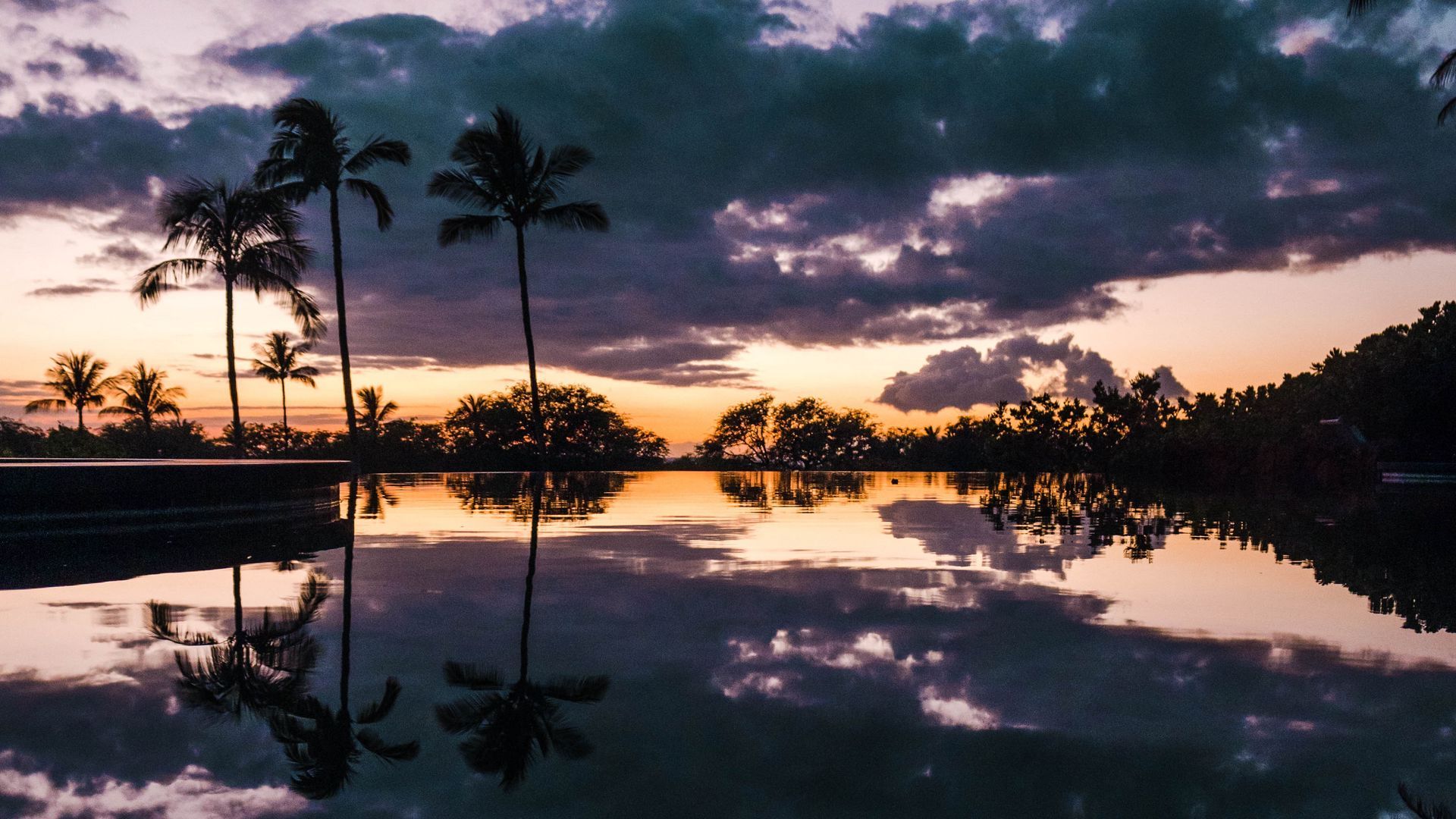 Download wallpaper 1920x1080 palm trees, sunset, water, reflection full hd, hdtv, fhd, 1080p HD background