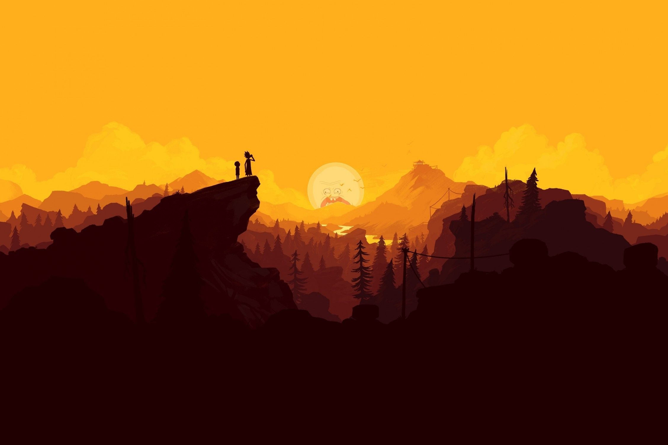 Download 2256x1504 Firewatch, Silhouette, Mountain, Minimal, Sun, Artwork, Landscape Wallpaper